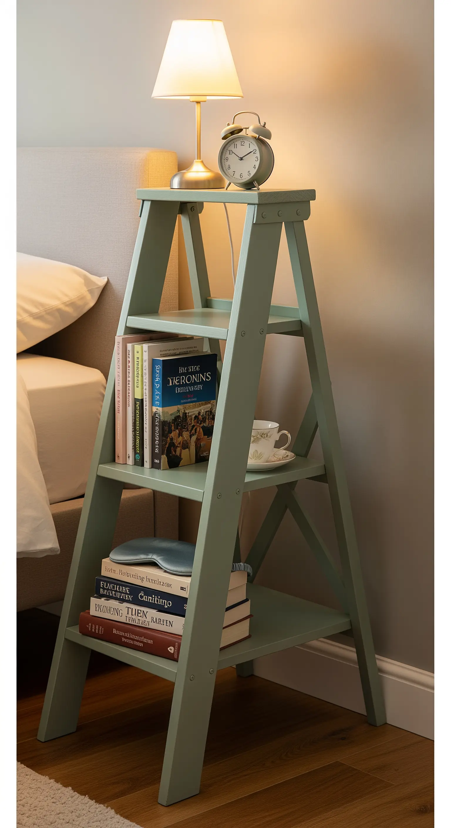 Scaletta in legno verde salvia usata come comodino accanto a un letto.