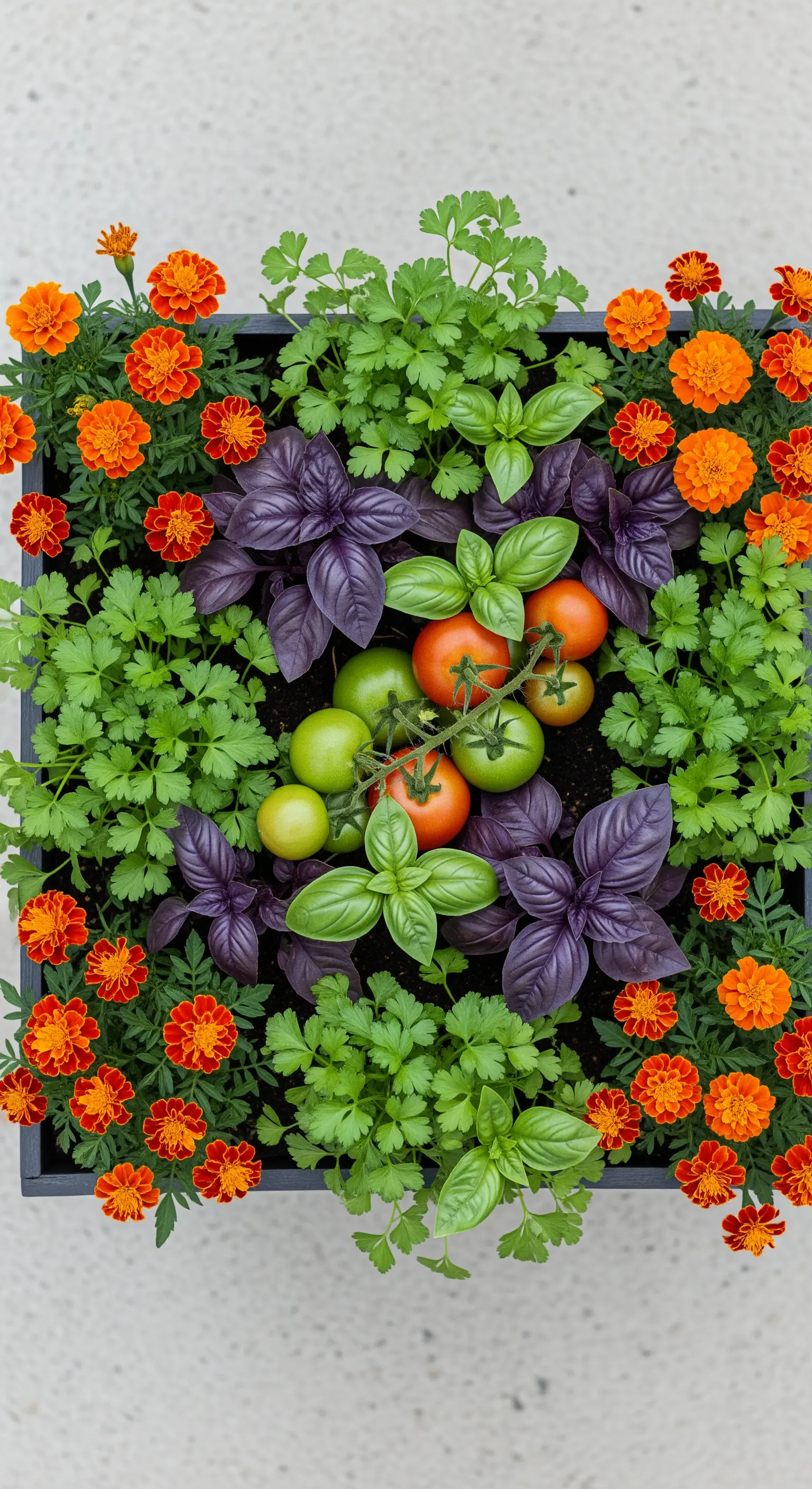 Vista dall'alto di una fioriera con pomodori, basilico, prezzemolo e tageti.