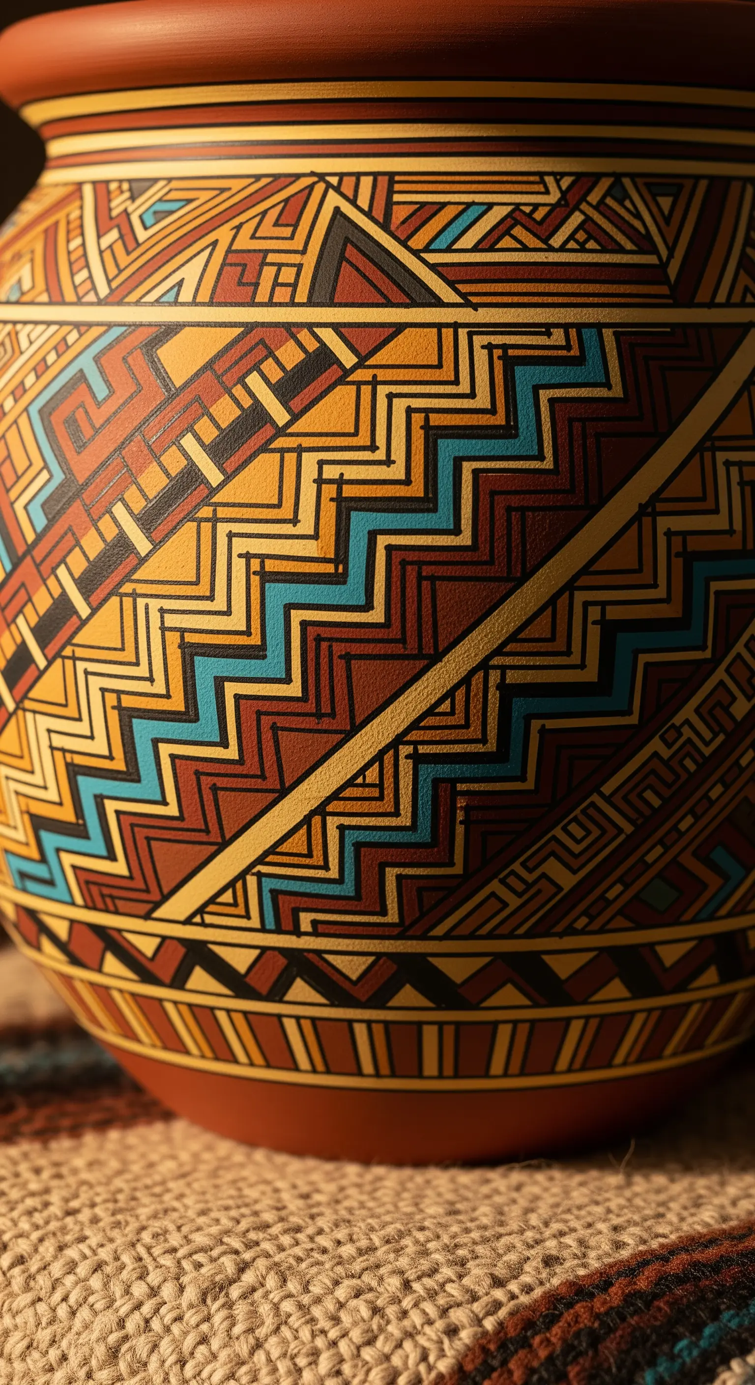 Dettaglio di un vaso di terracotta con un complesso motivo geometrico etnico nei toni della terra e del turchese.