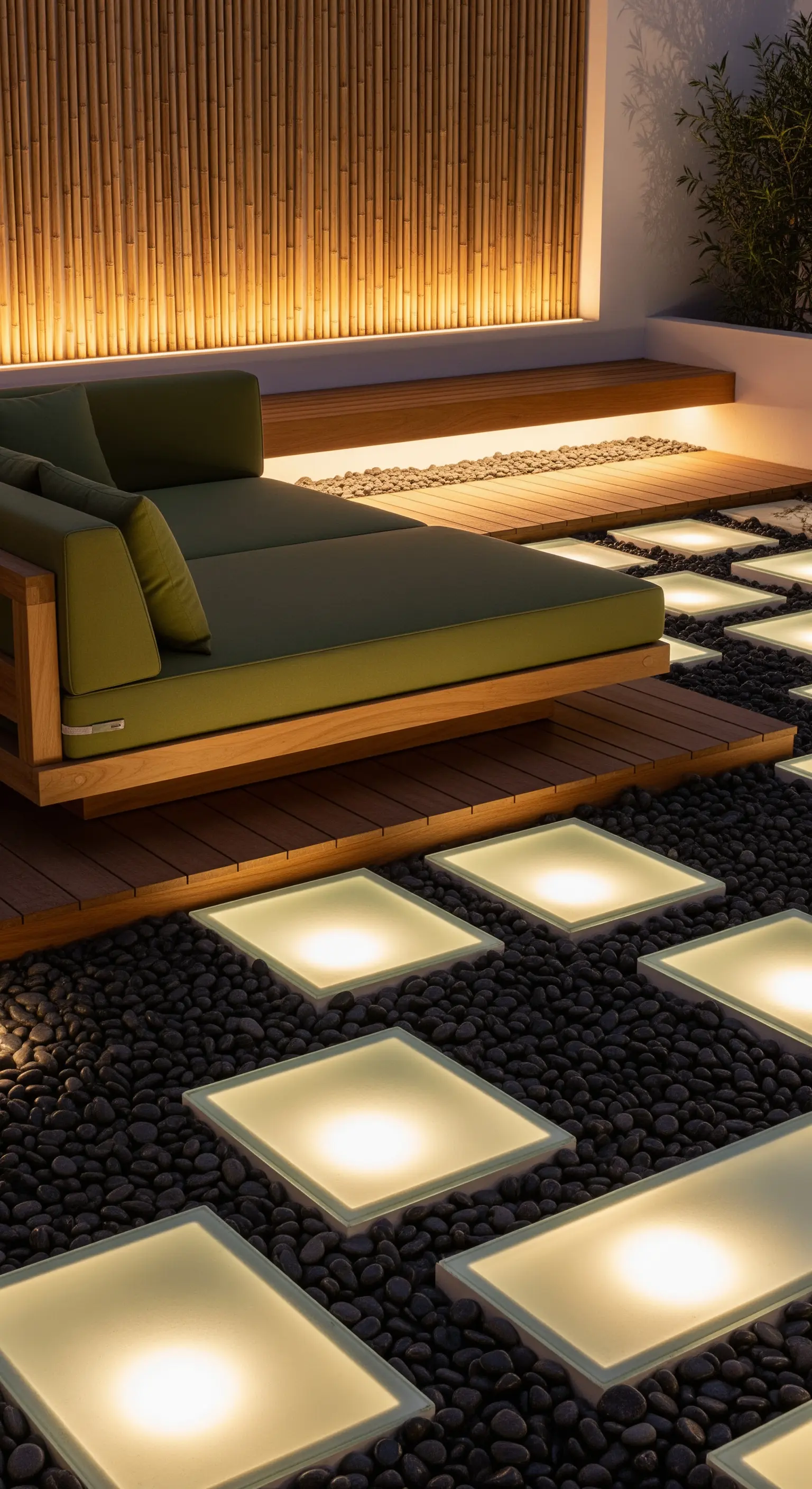 Sentiero in giardino con piastre di vetro illuminate dal basso, alternate a deck in legno e sassi.