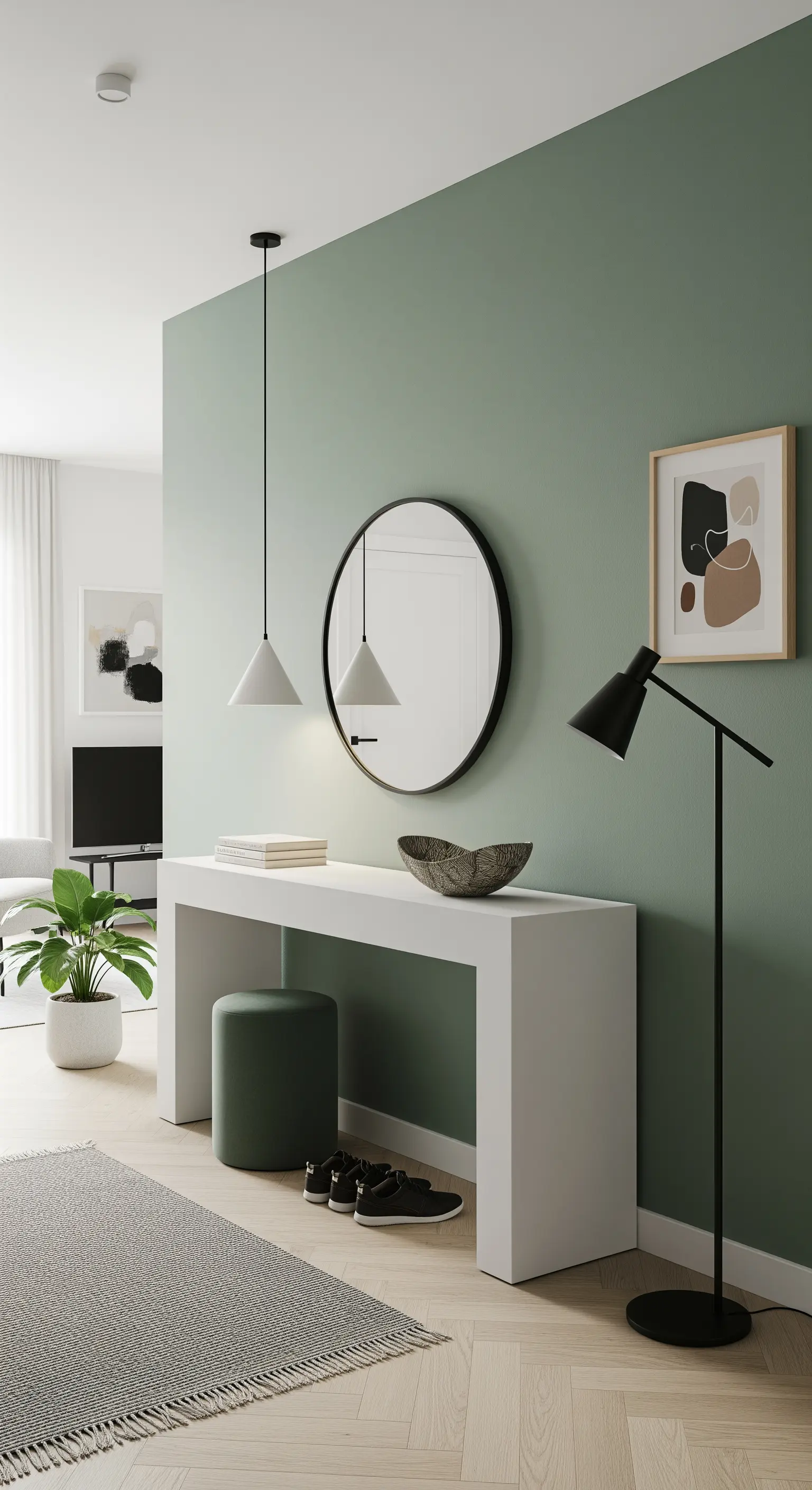 Parete verde salvia con consolle bianca asimmetrica, specchio rotondo e pouf.