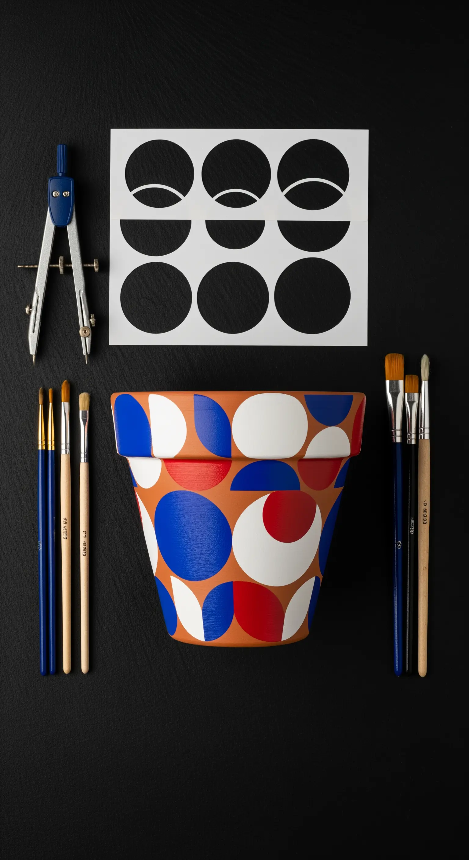 Vaso dipinto con cerchi e semicerchi blu, rossi e bianchi, circondato da strumenti da disegno.