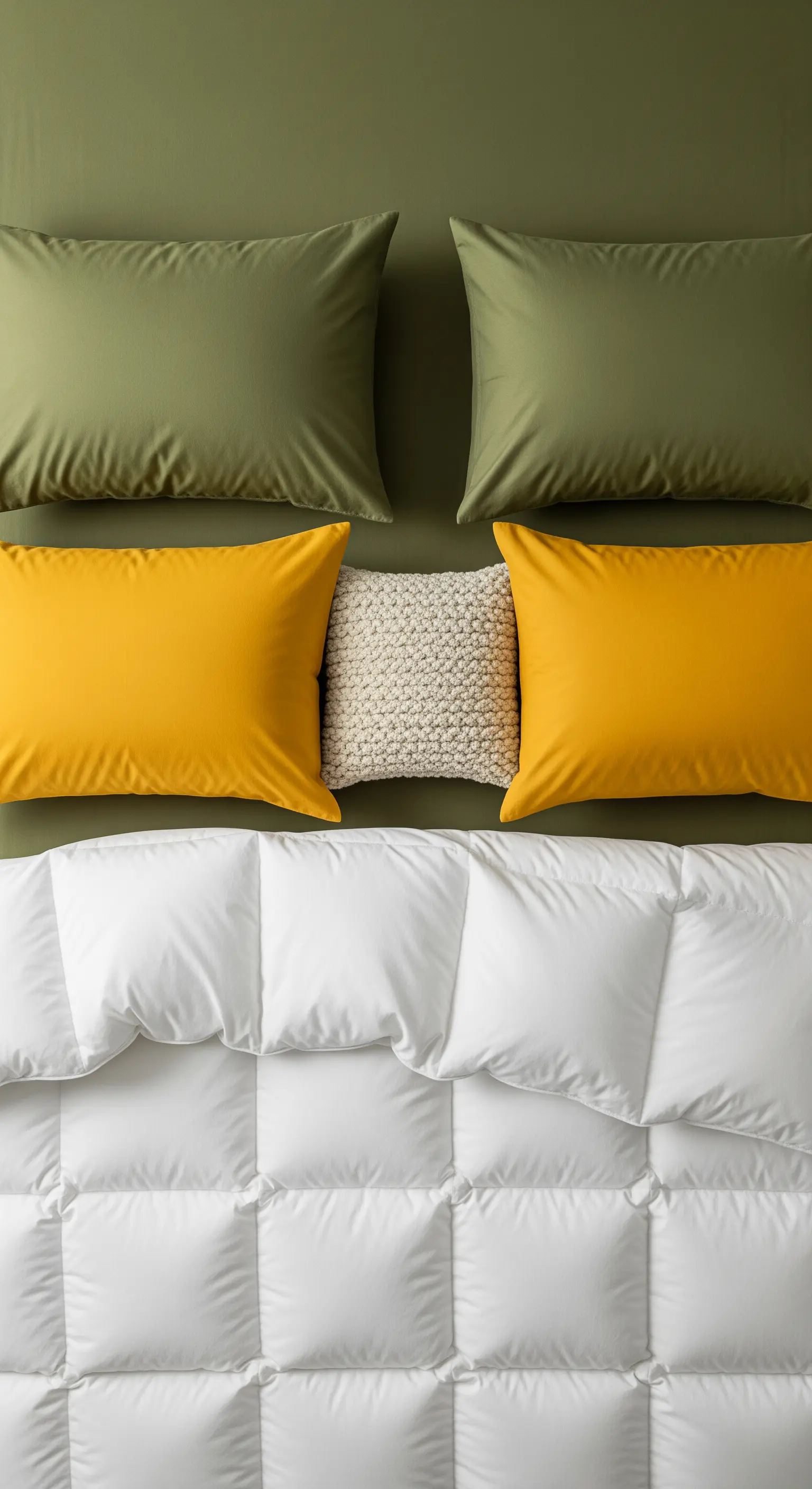 Vista dall'alto di un letto con cuscini verde oliva e senape disposti in modo geometrico.