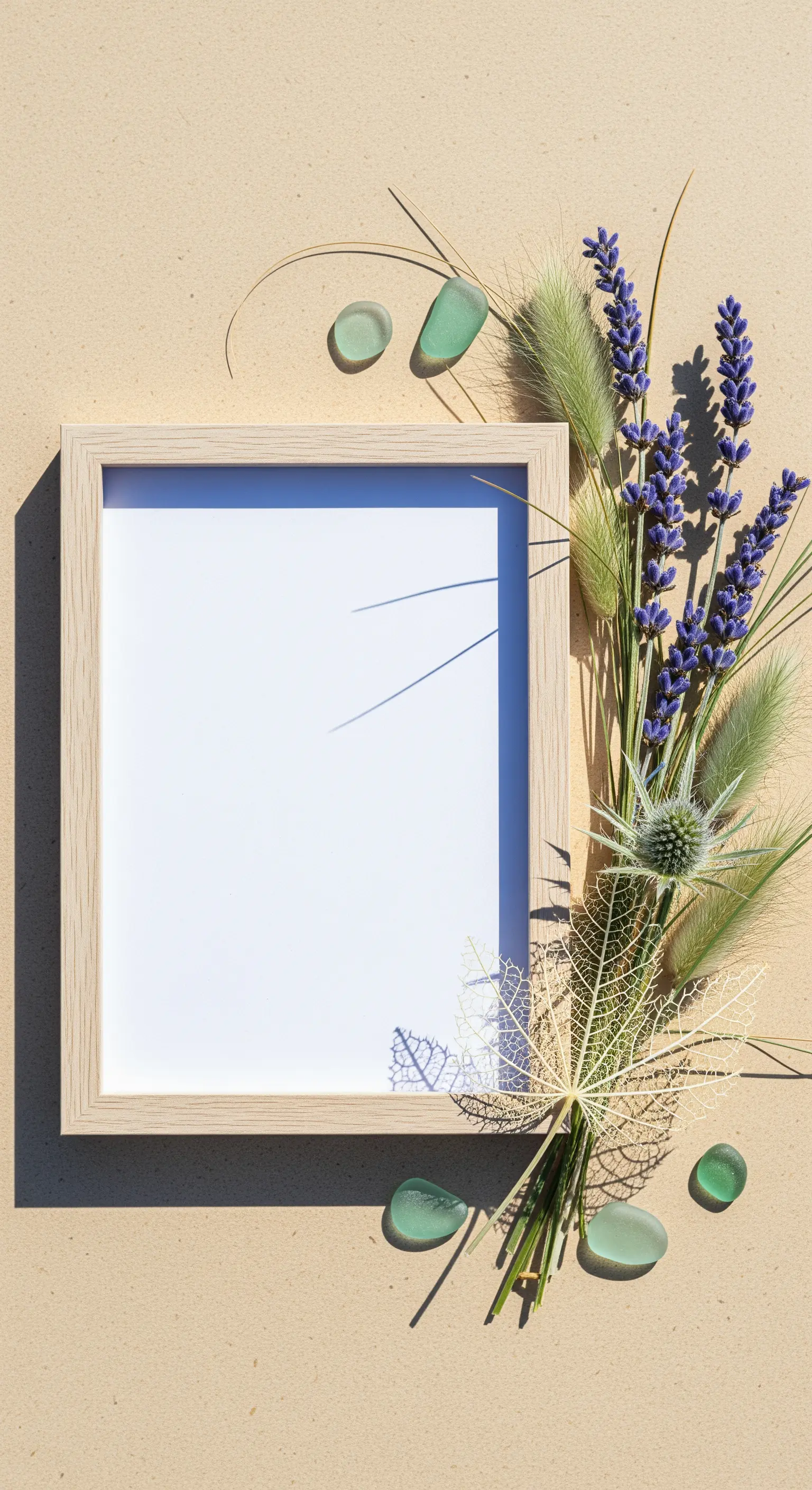 Cornice vuota in legno chiaro decorata esternamente con lavanda e cardi.