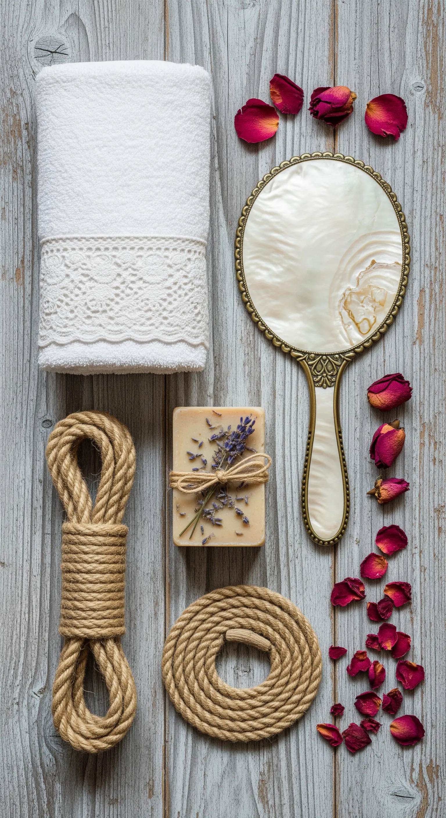 Flat lay su legno sbiancato con asciugamano in pizzo, sapone alla lavanda e specchio vintage.