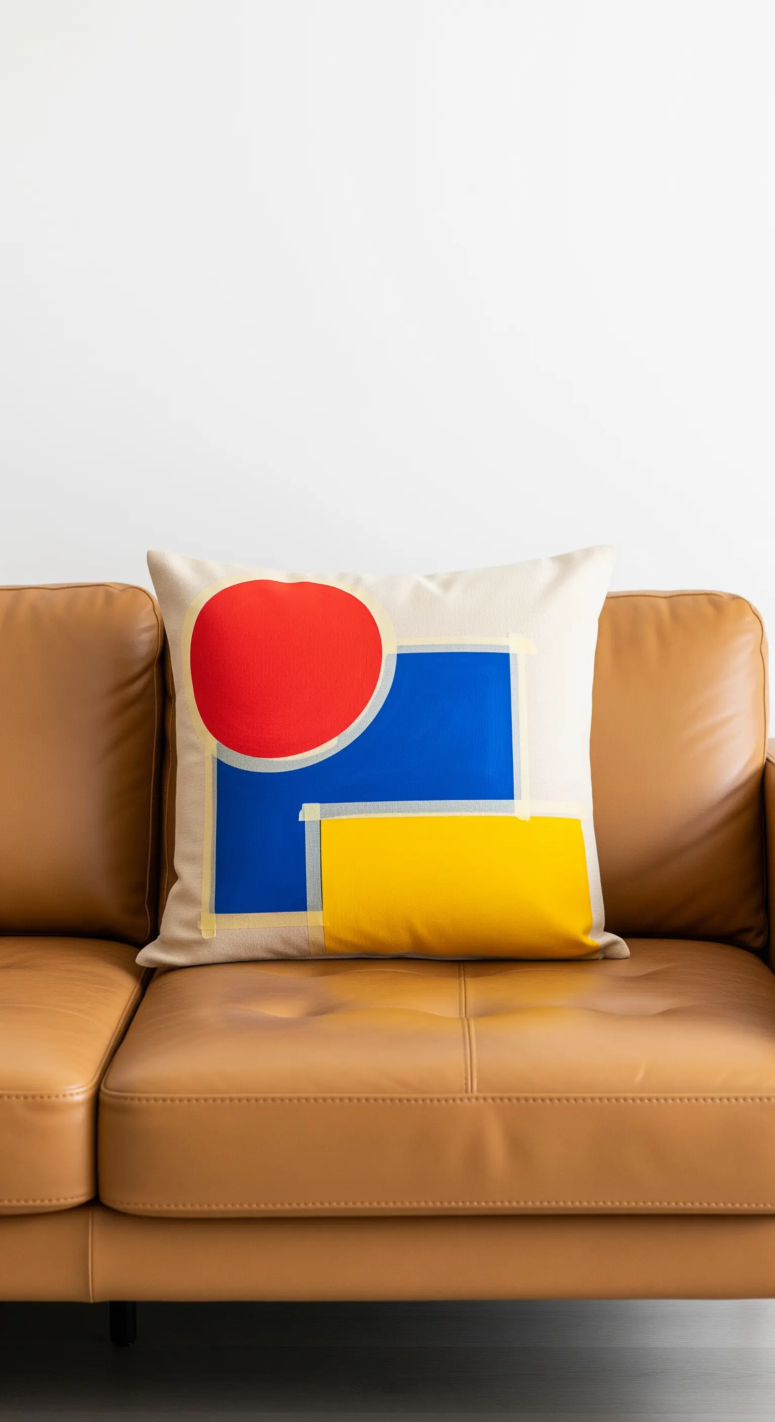 Cuscino con forme geometriche primarie (rosso, blu, giallo) su un divano in pelle marrone.