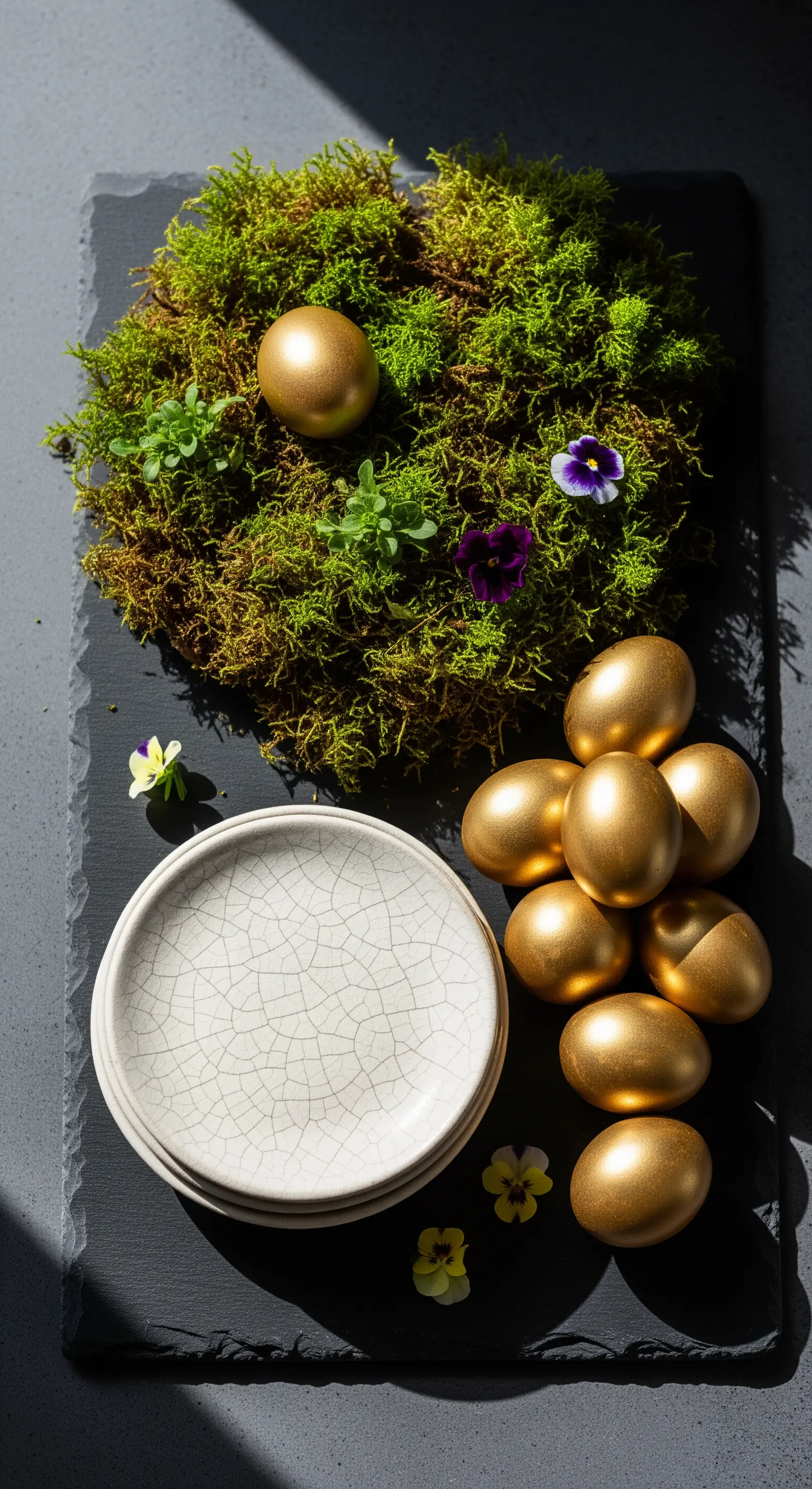 Lastra di ardesia con ghirlanda di muschio, uova dorate e piattini in ceramica.