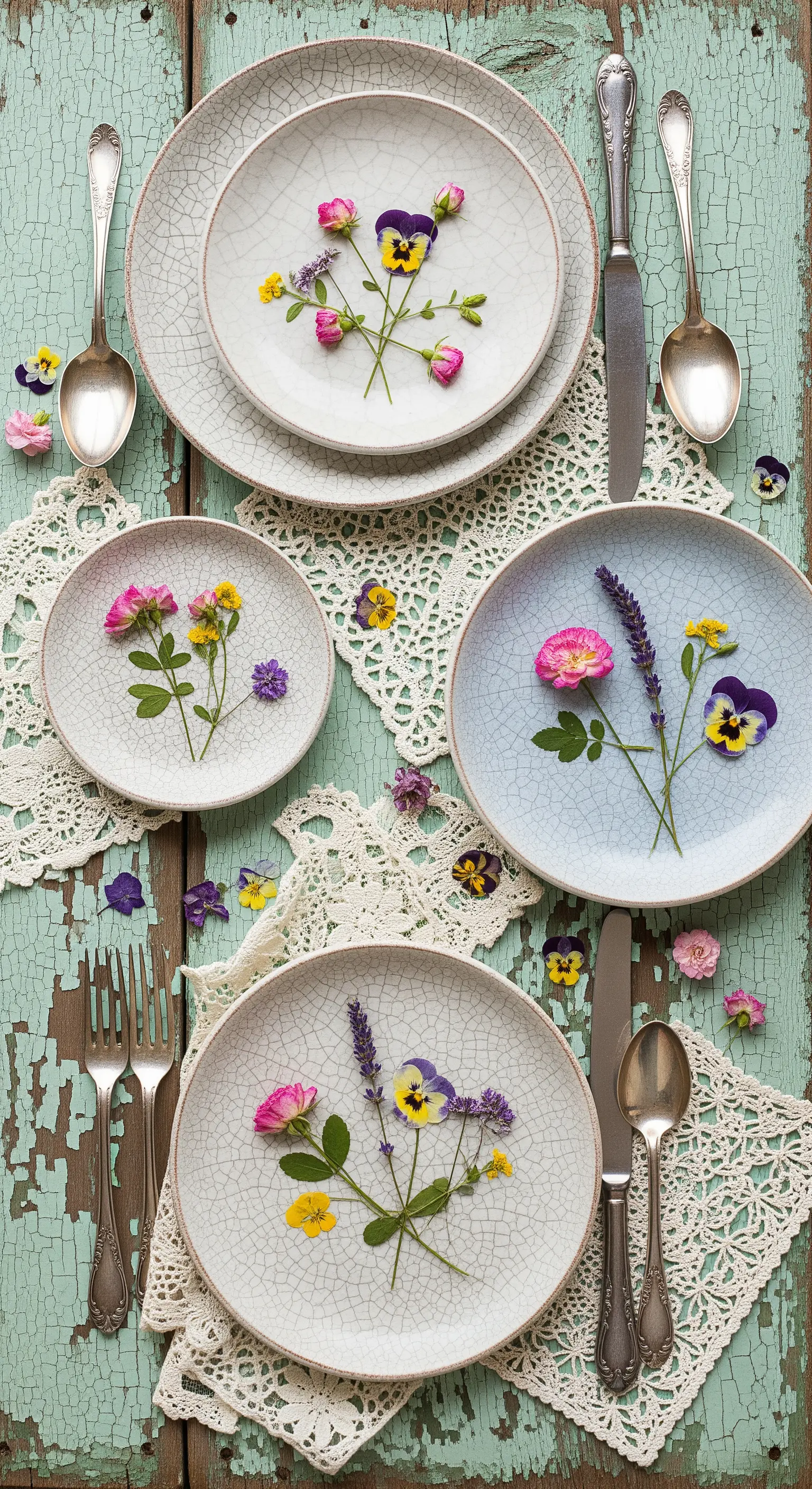 Piatti in ceramica decorati con fiori freschi commestibili su un tavolo di legno turchese