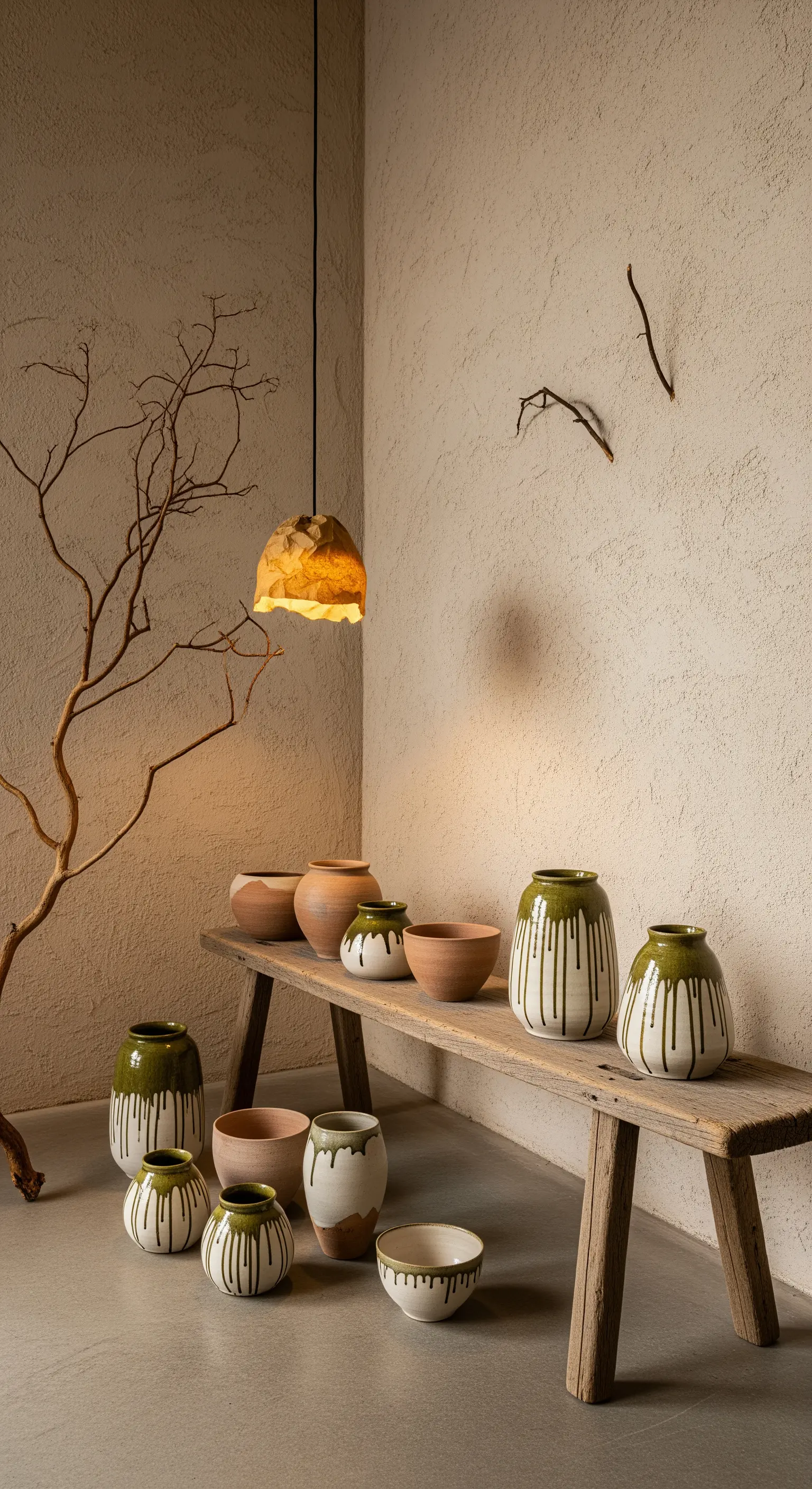 Vasi in ceramica verde oliva e terracotta su una panca di legno grezzo.