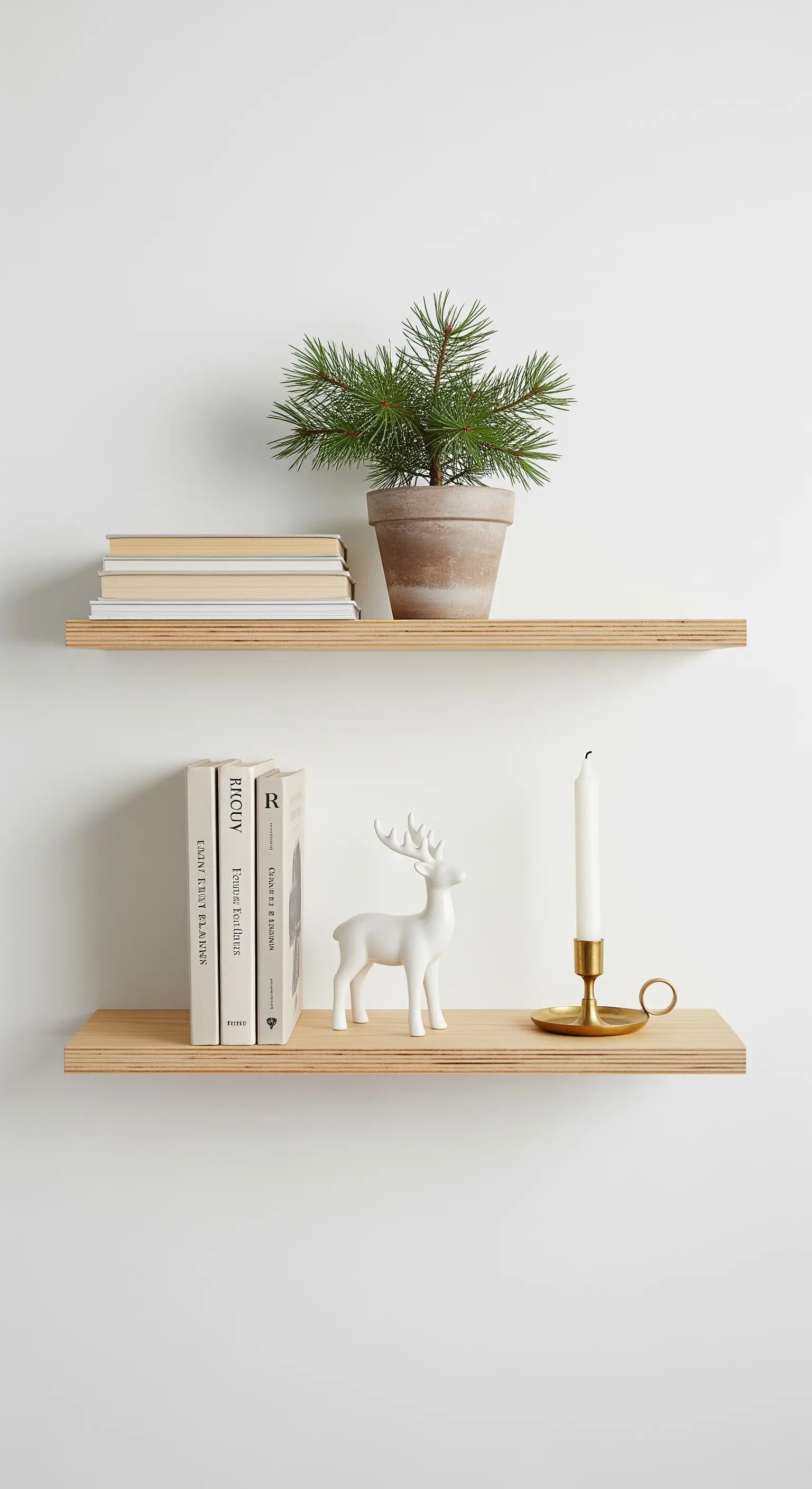 Mensole in legno chiaro con libri, una renna bianca e un piccolo pino in vaso.