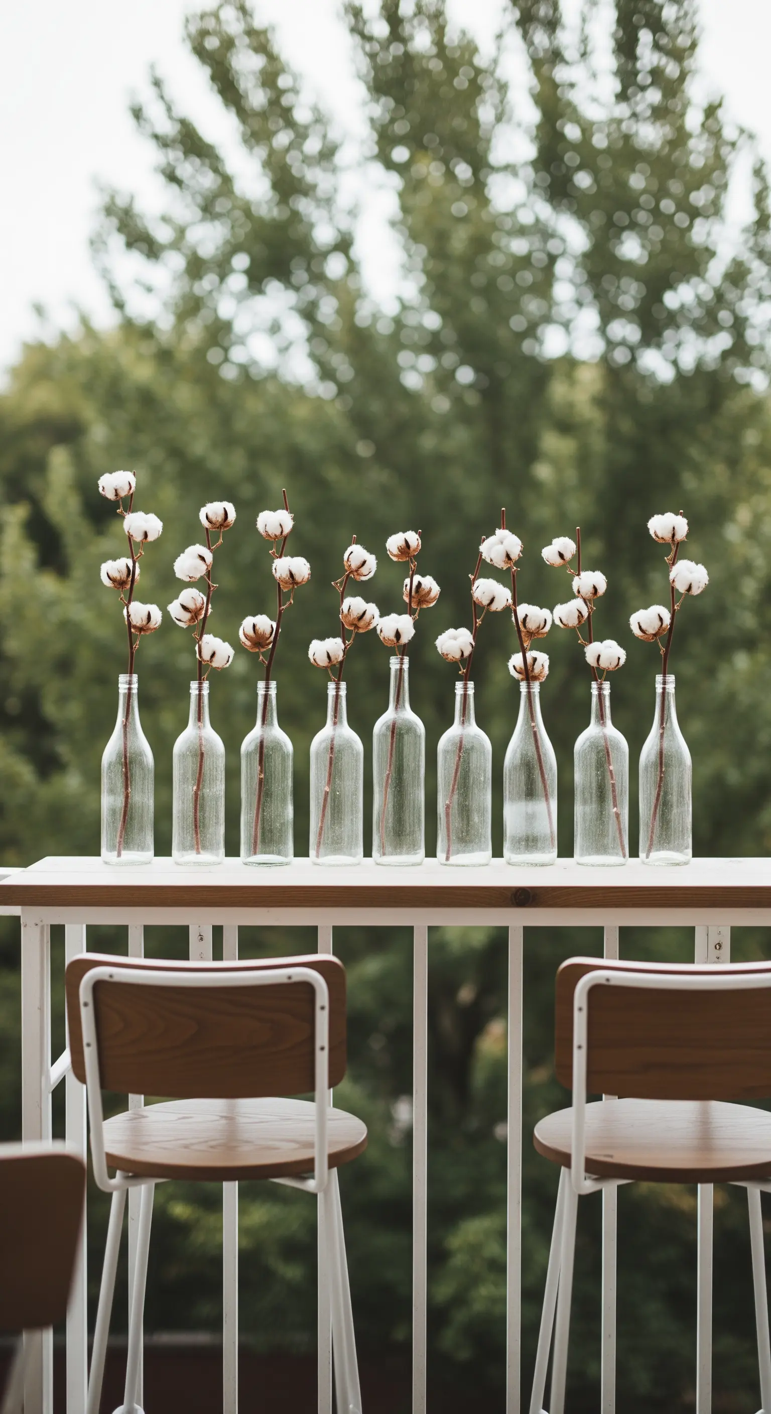 Una fila di bottiglie di vetro con singoli steli di cotone allineate su una mensola del balcone.