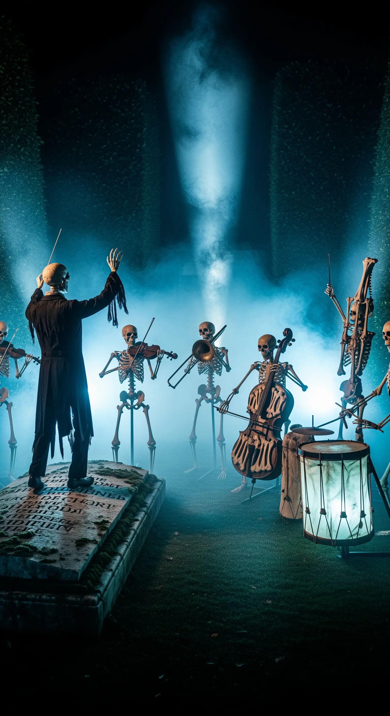 Un'orchestra di scheletri diretta da un maestro su una lapide, avvolta da fumo e luce blu.