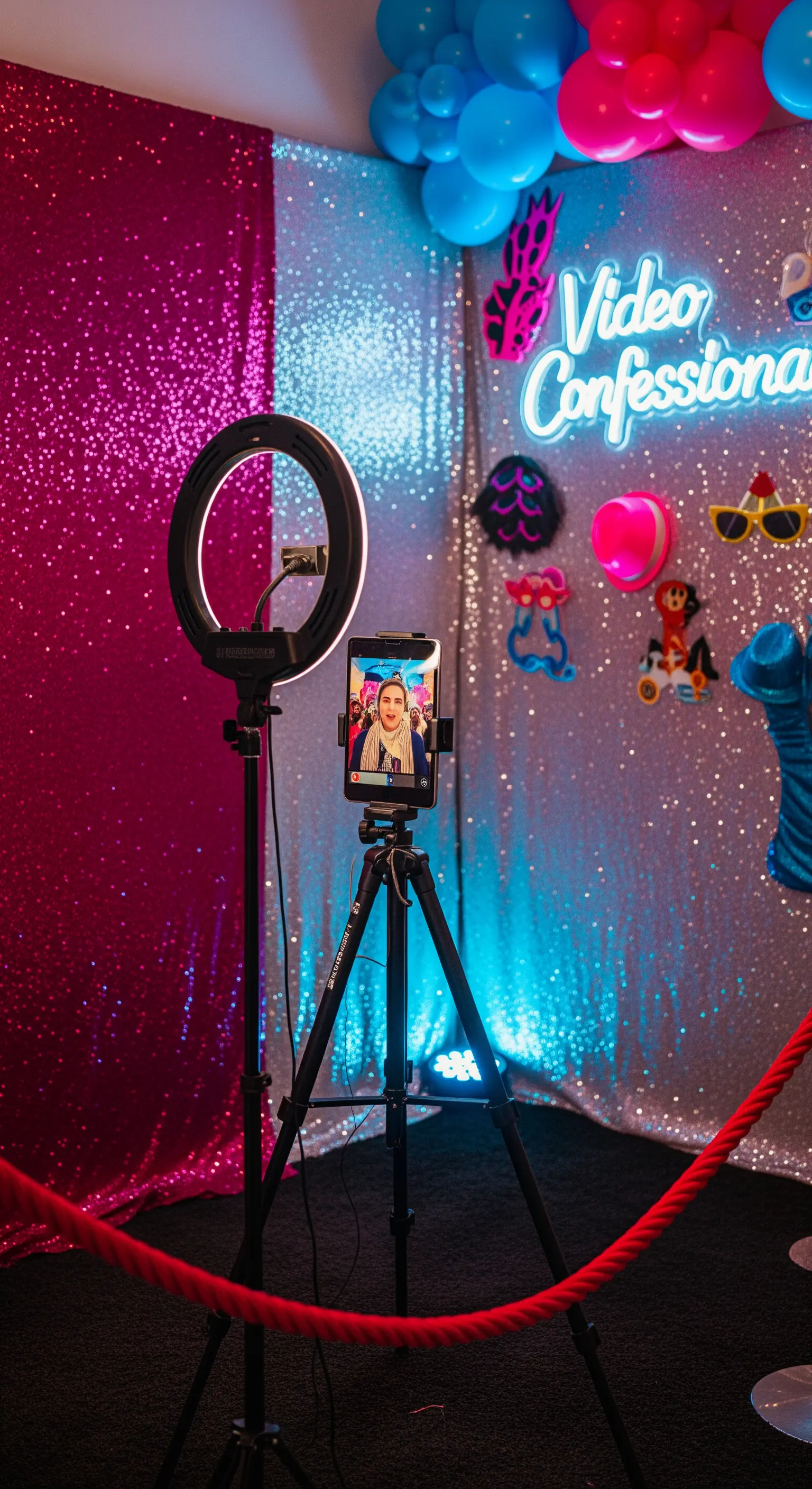 Angolo per video-messaggi con ring light, tablet e sfondo glitterato