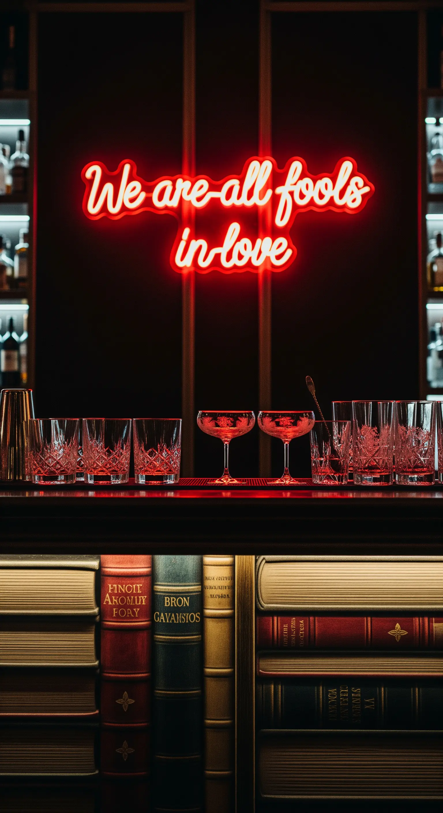 Neon rosso “We are all fools in love” in un bar buio con una base fatta di libri antichi.