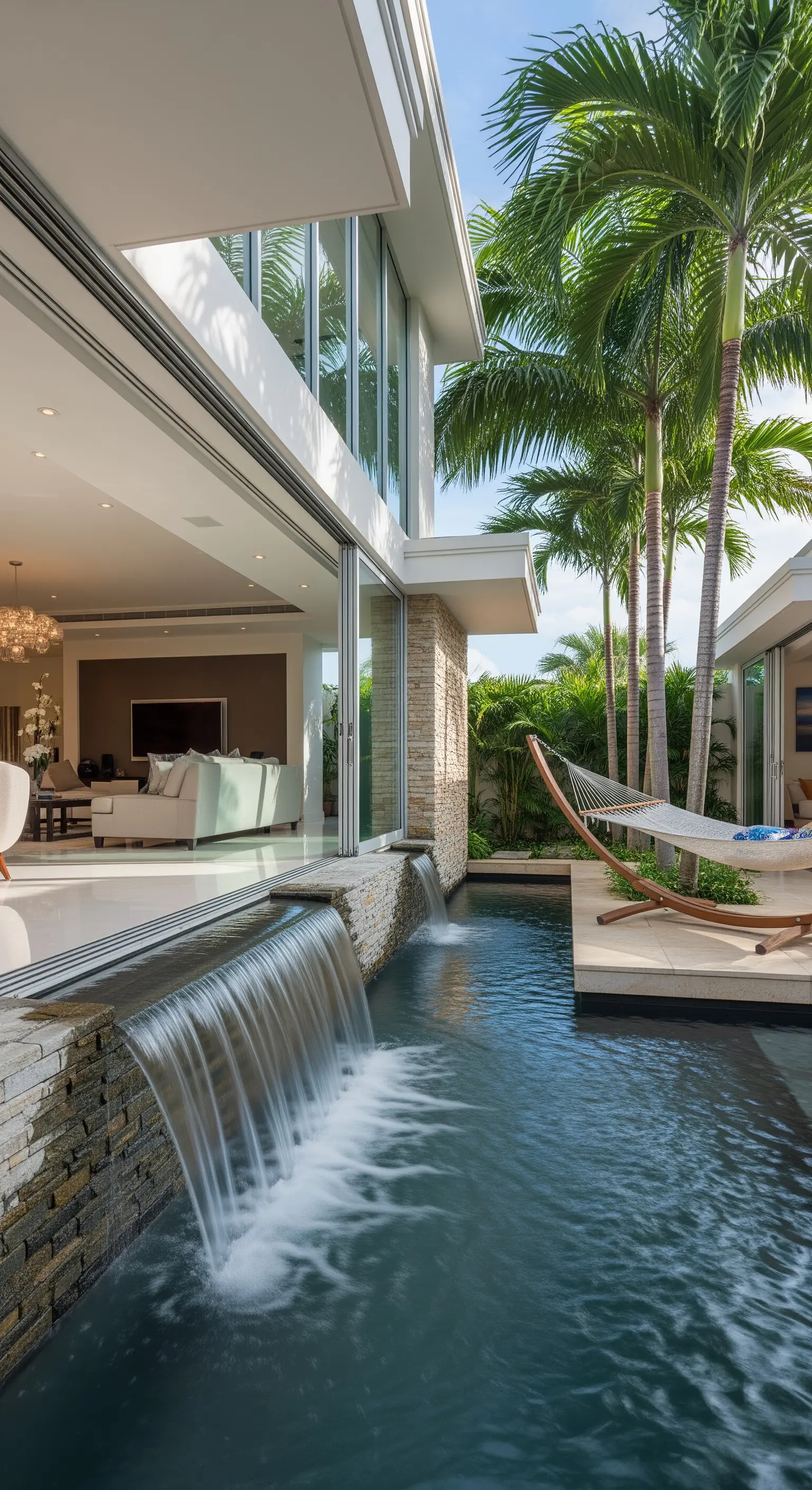 Soggiorno moderno con vetrata aperta su una piscina con cascata e un'amaca su una pedana in legno