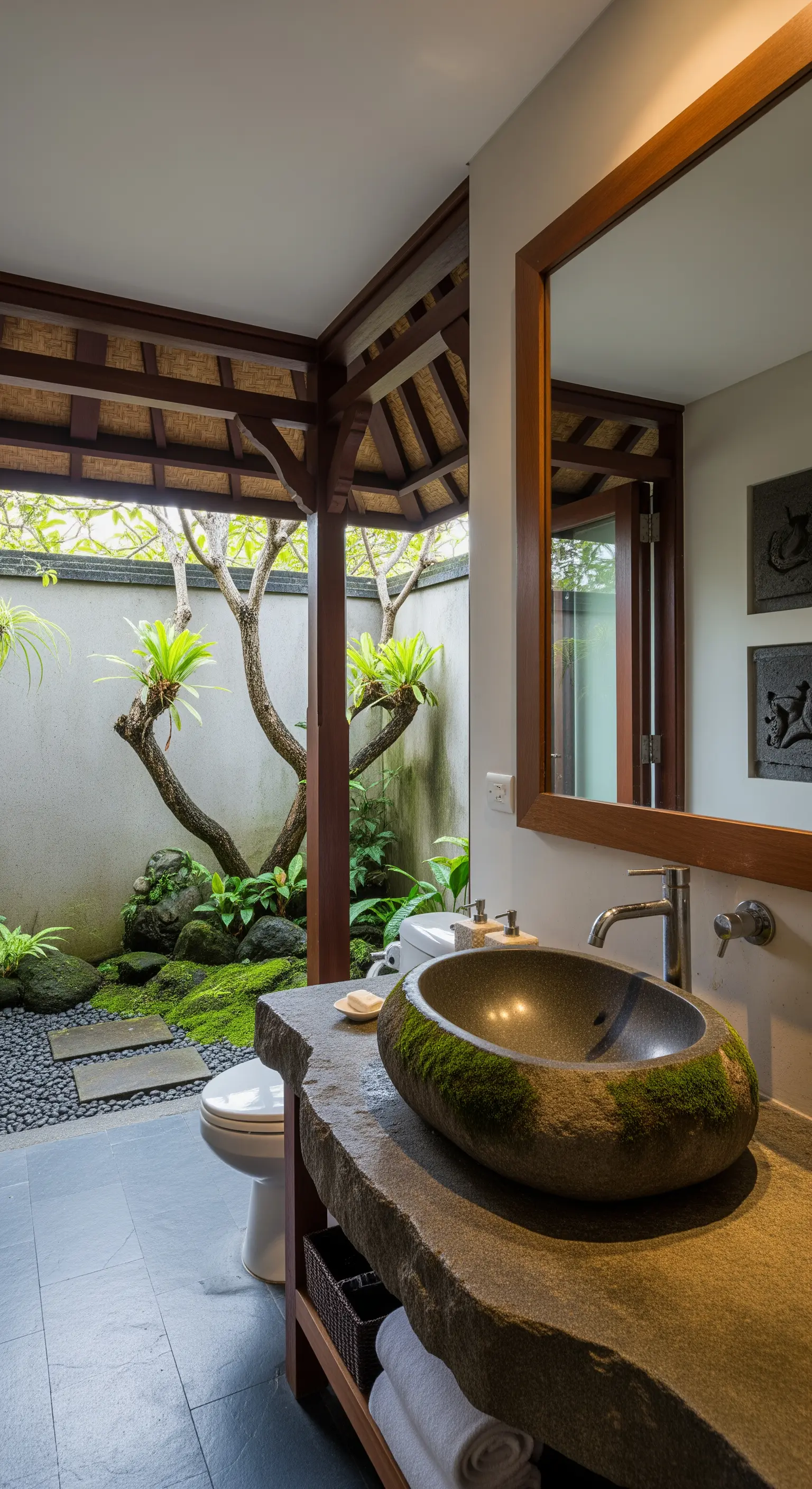 Bagno semi-aperto su un giardino zen con lavabo in pietra e vegetazione lussureggiante.