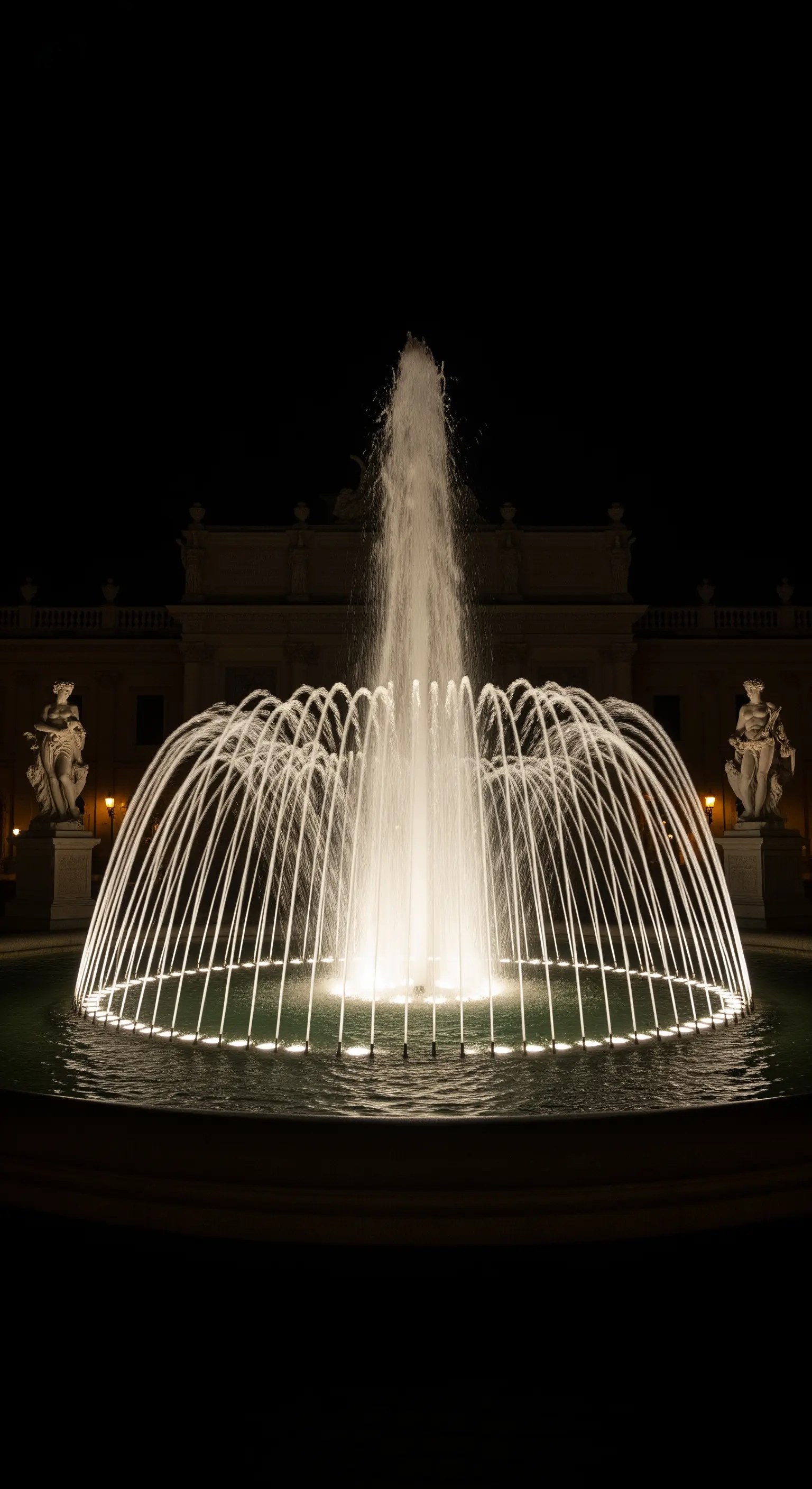 Fontana con un potente getto d'acqua centrale illuminato dal basso su sfondo nero.