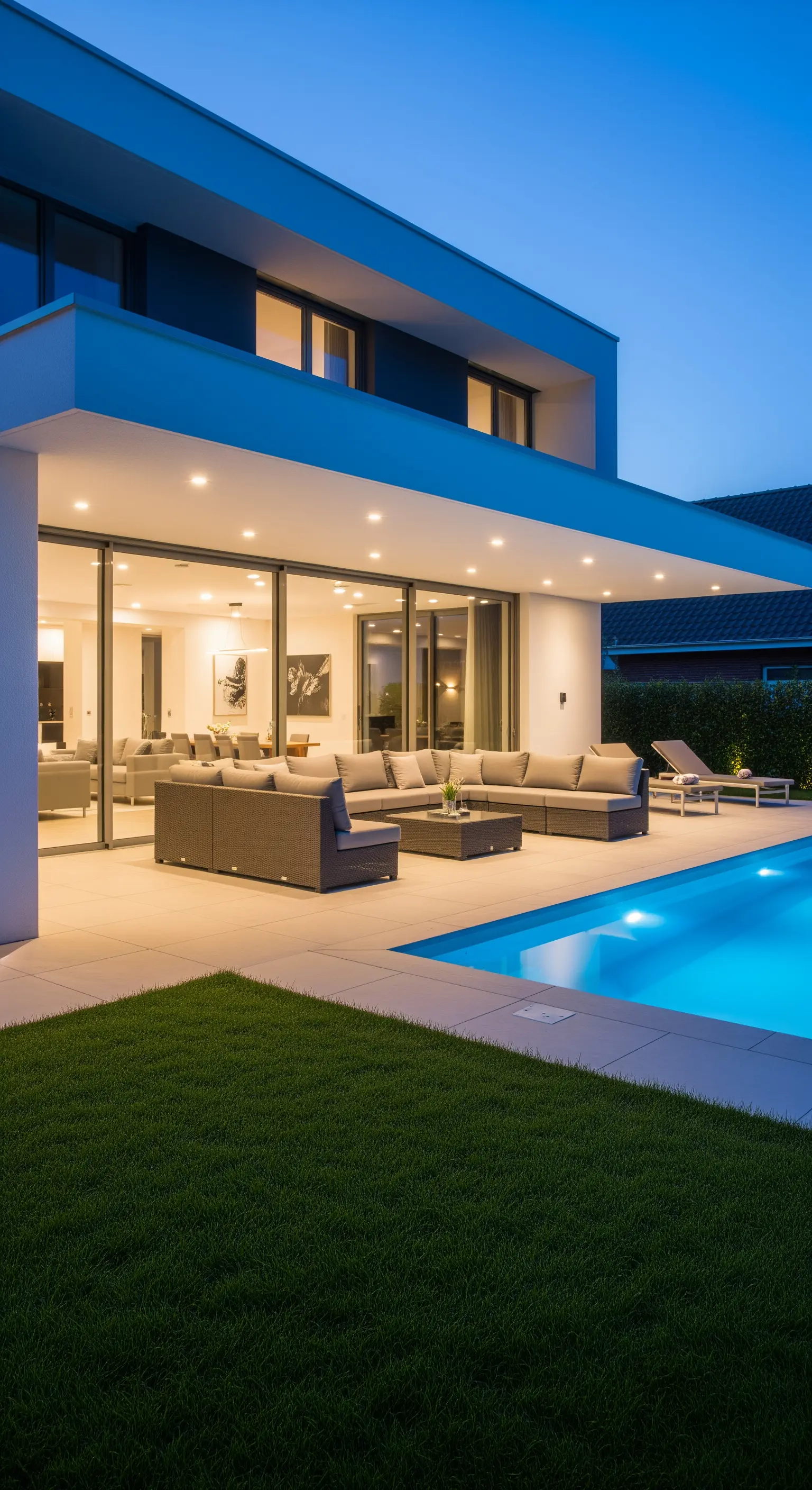 Patio moderno con divani grigi sotto un portico con faretti a soffitto, collegato a un soggiorno luminoso.