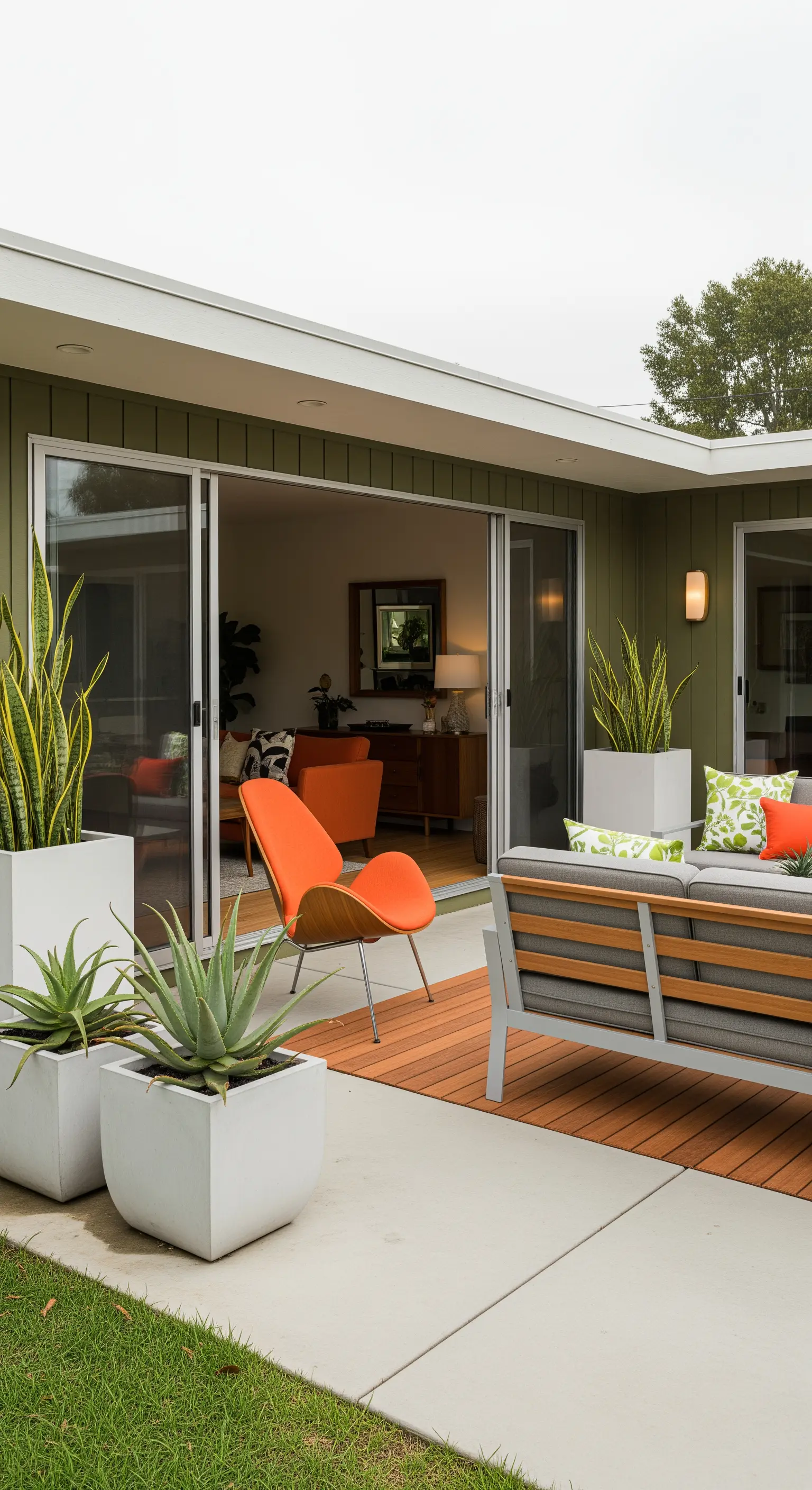 Patio moderno con divano grigio, sedia arancione e grandi vetrate che collegano all'interno.