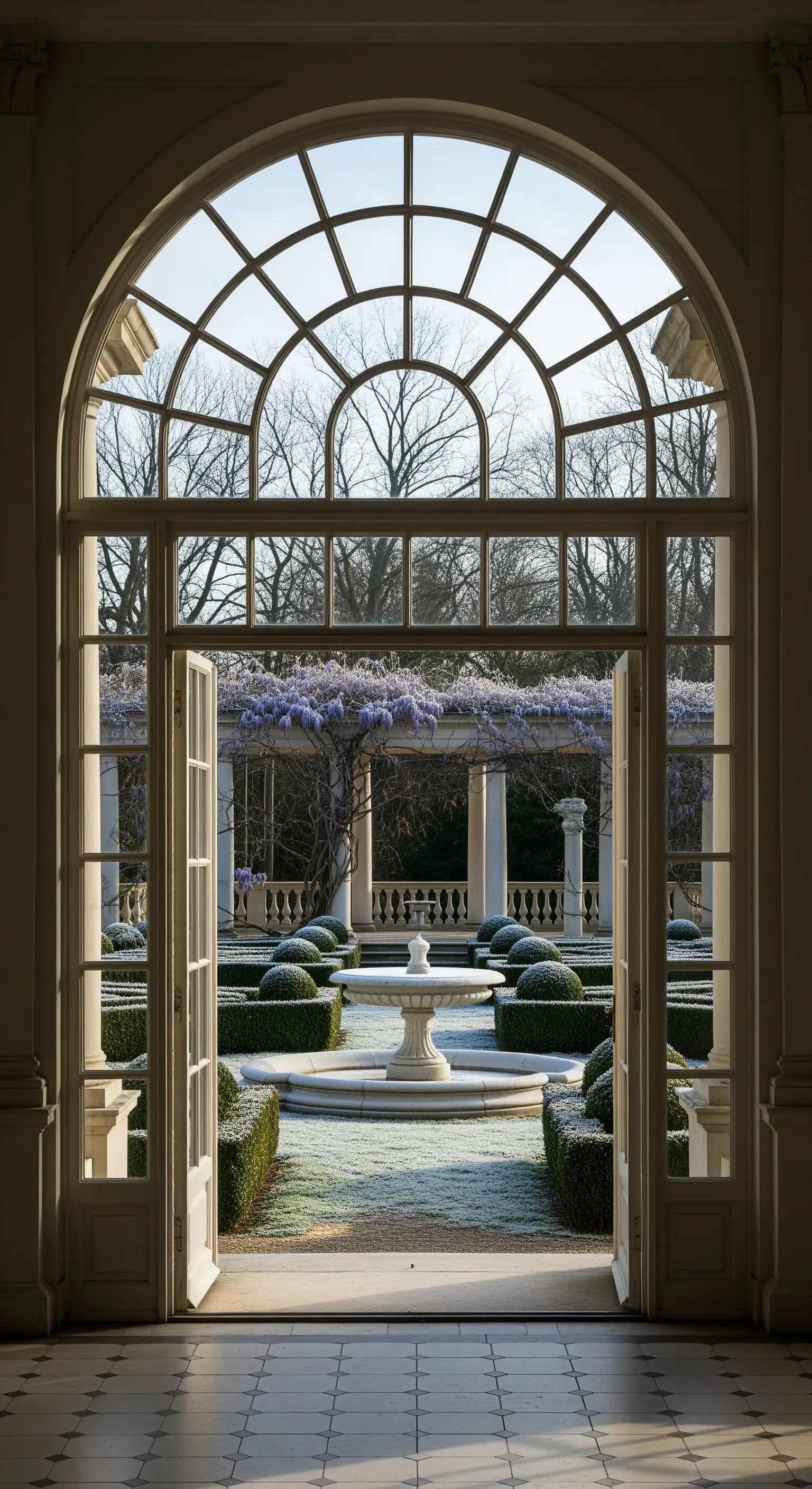 Vista di un giardino invernale con fontana attraverso un'ampia porta ad arco.