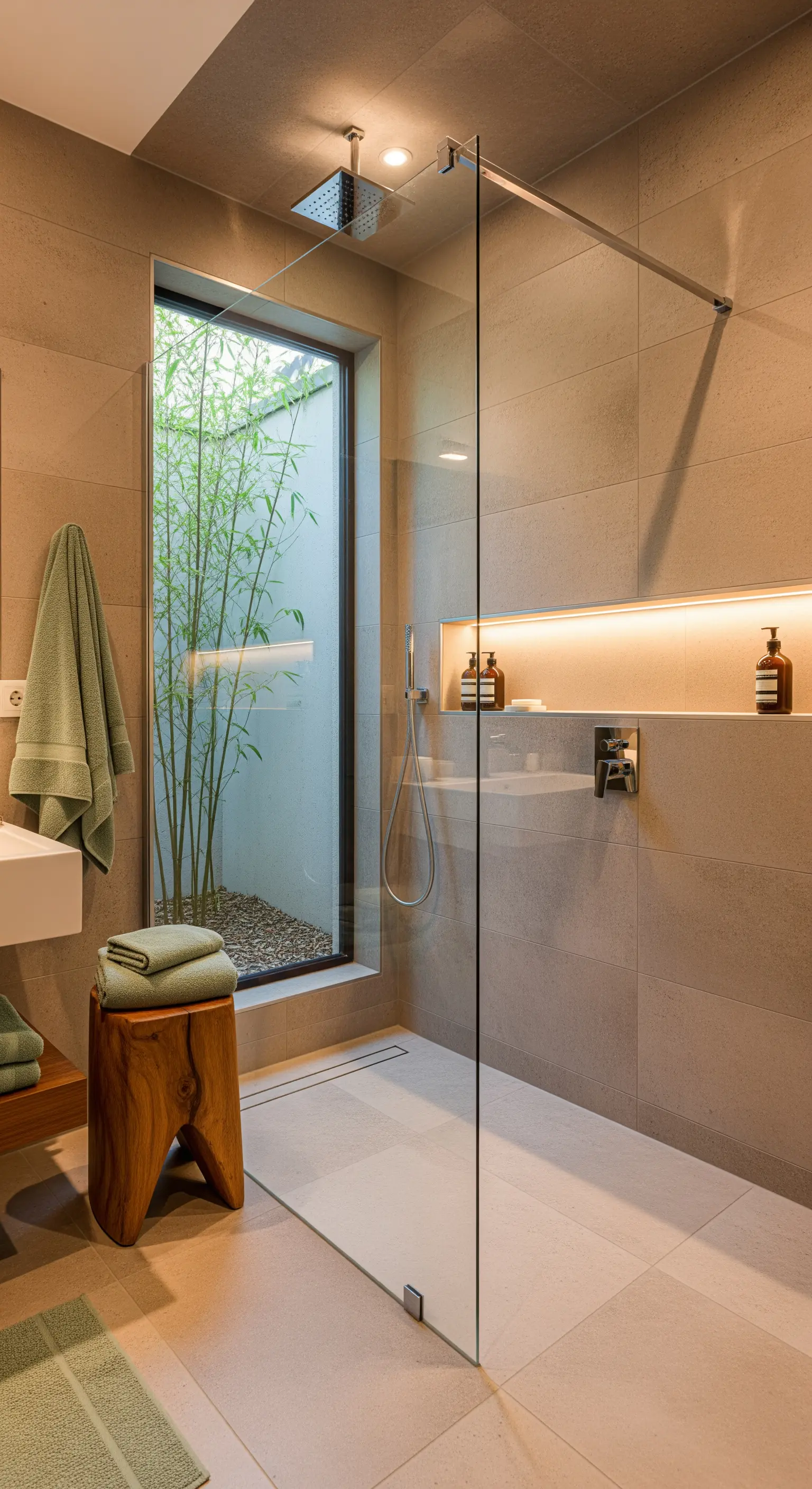 Doccia con nicchia illuminata e finestra verticale su un piccolo giardino di bambù.