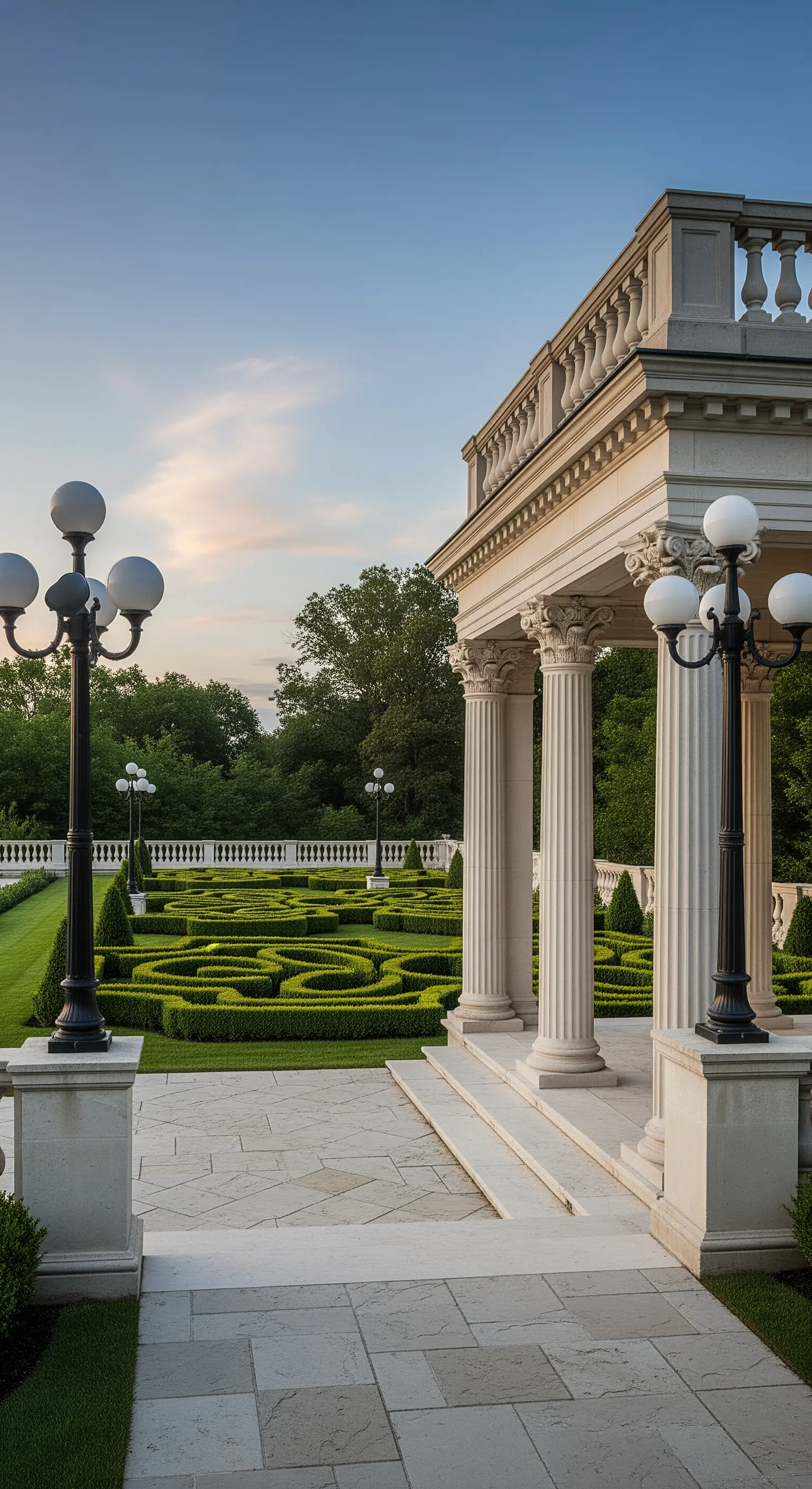 Portico neoclassico affacciato su un giardino all'italiana con siepi geometriche e lampioni neri.