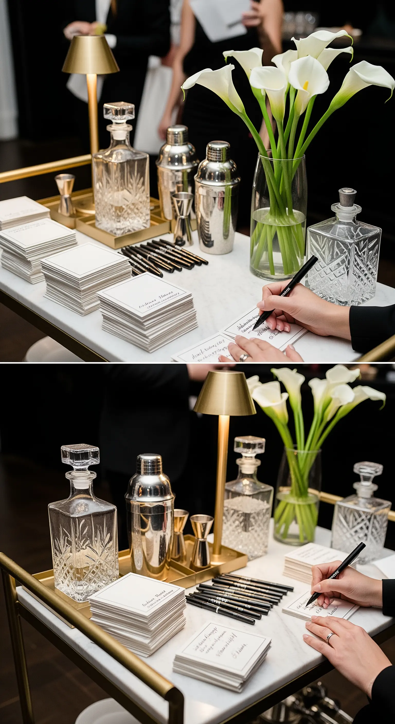 Elegante carrello bar con sottobicchieri usati per scrivere messaggi e consigli