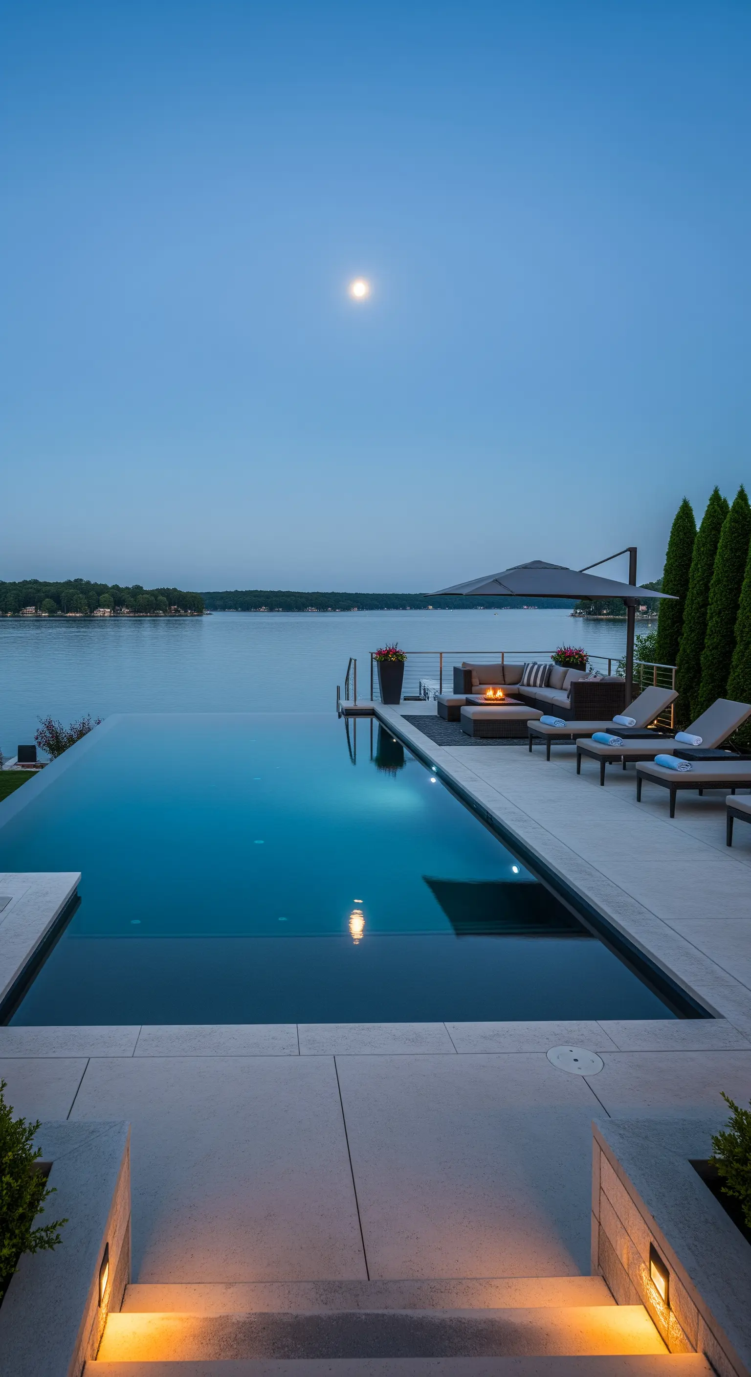 Piscina a sfioro su un lago di notte, con la luna piena e un braciere acceso.