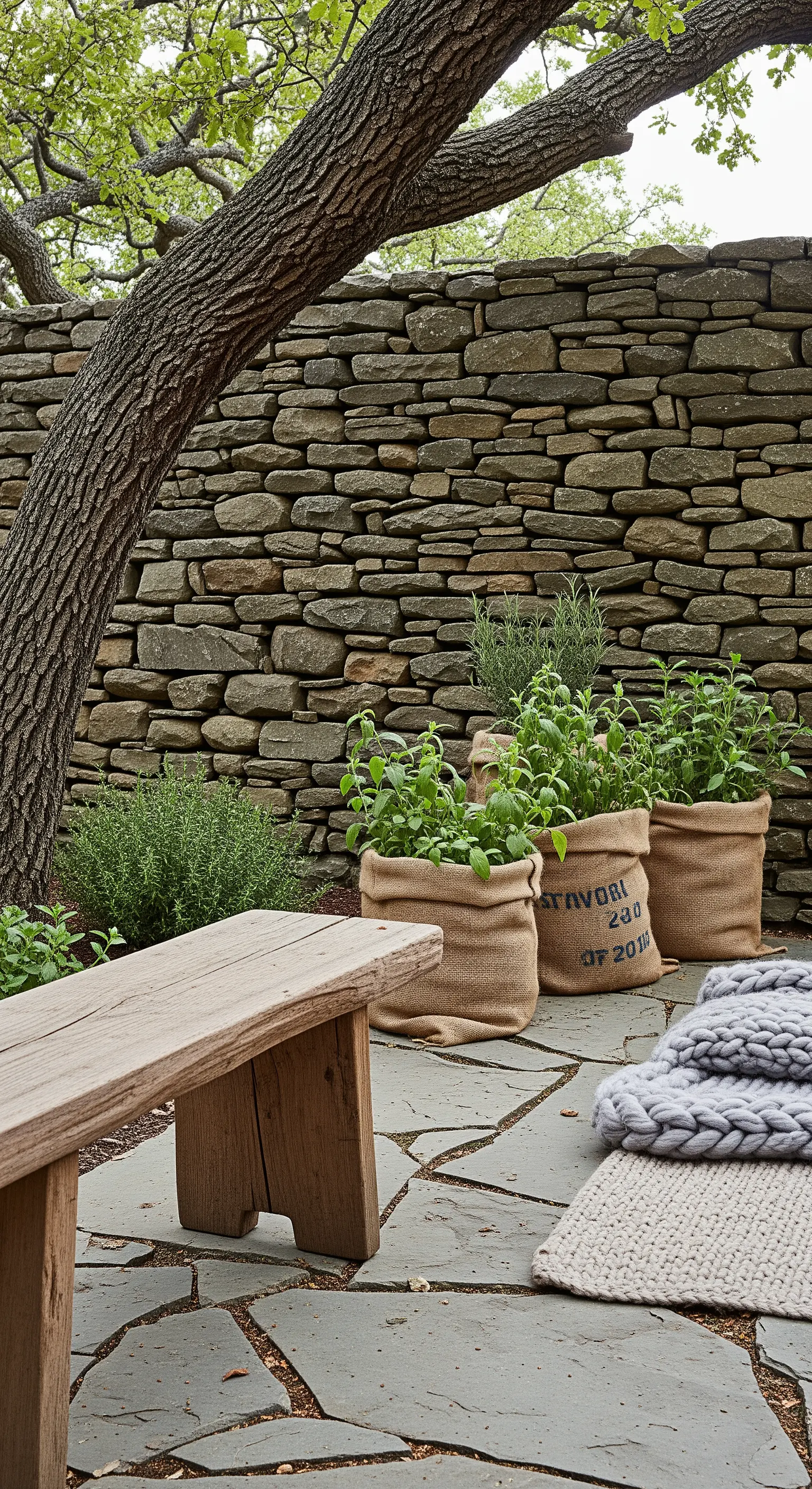 Panca in legno grezzo e piante aromatiche in sacchi di iuta appoggiati a un muro di pietra.