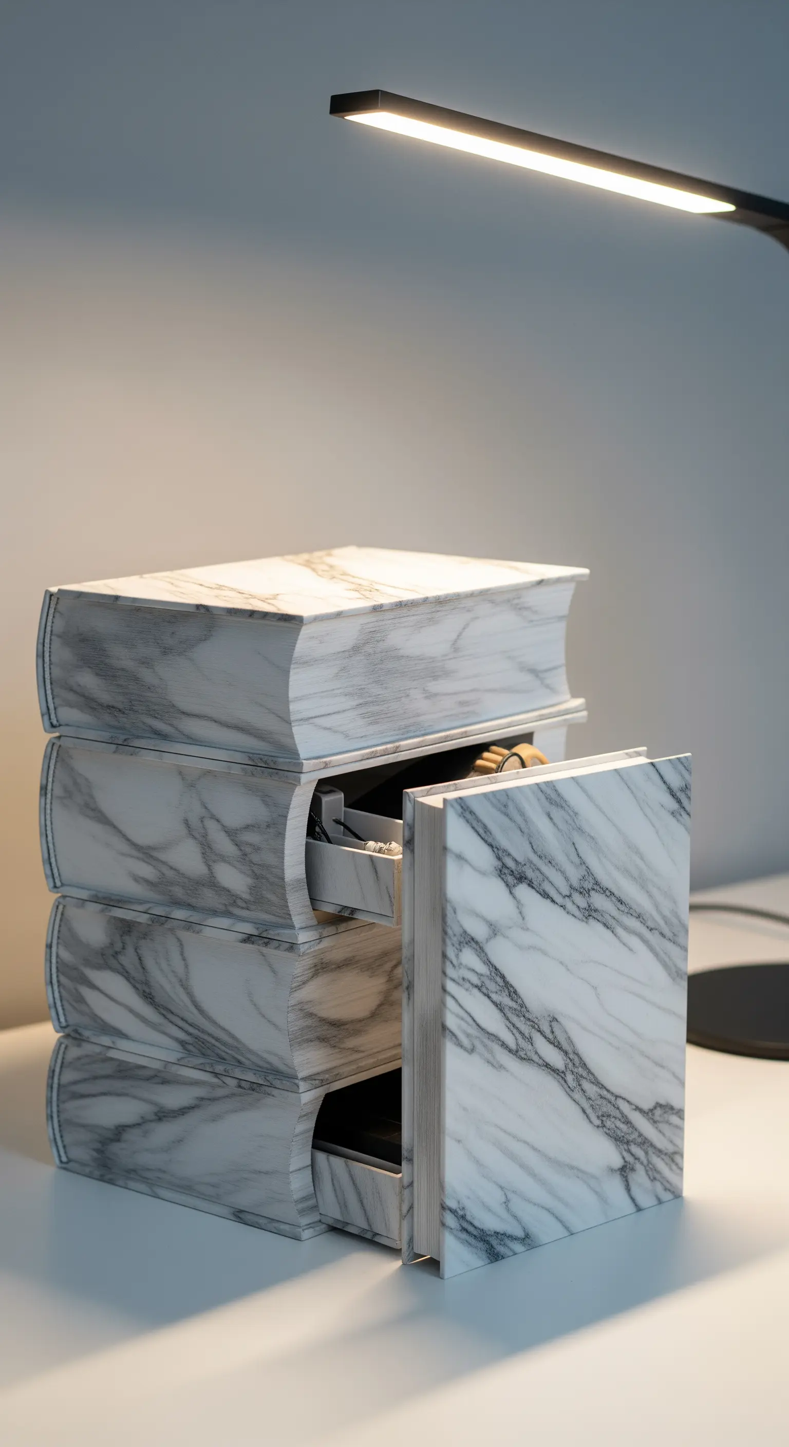 Scatole a forma di libro con cassetti, verniciate con effetto marmo bianco.