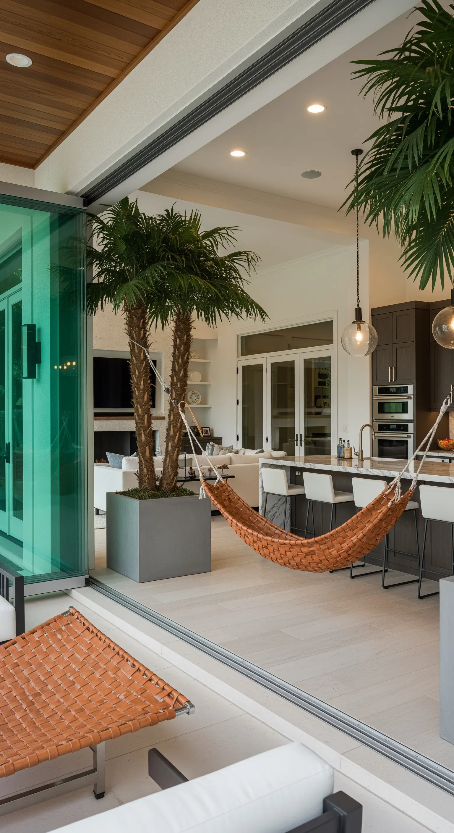 Living che si apre su un portico, con amaca in pelle intrecciata e una palma in vaso all'interno