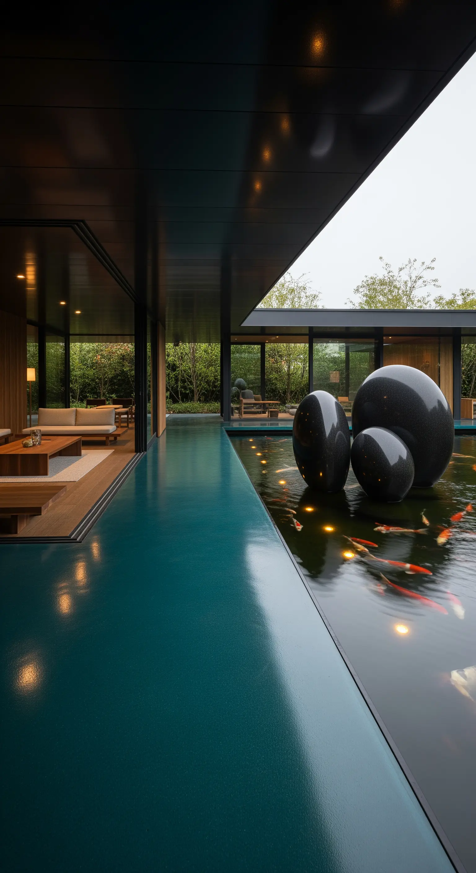 Patio moderno con pavimento in resina verde petrolio che si unisce a un laghetto con carpe koi.