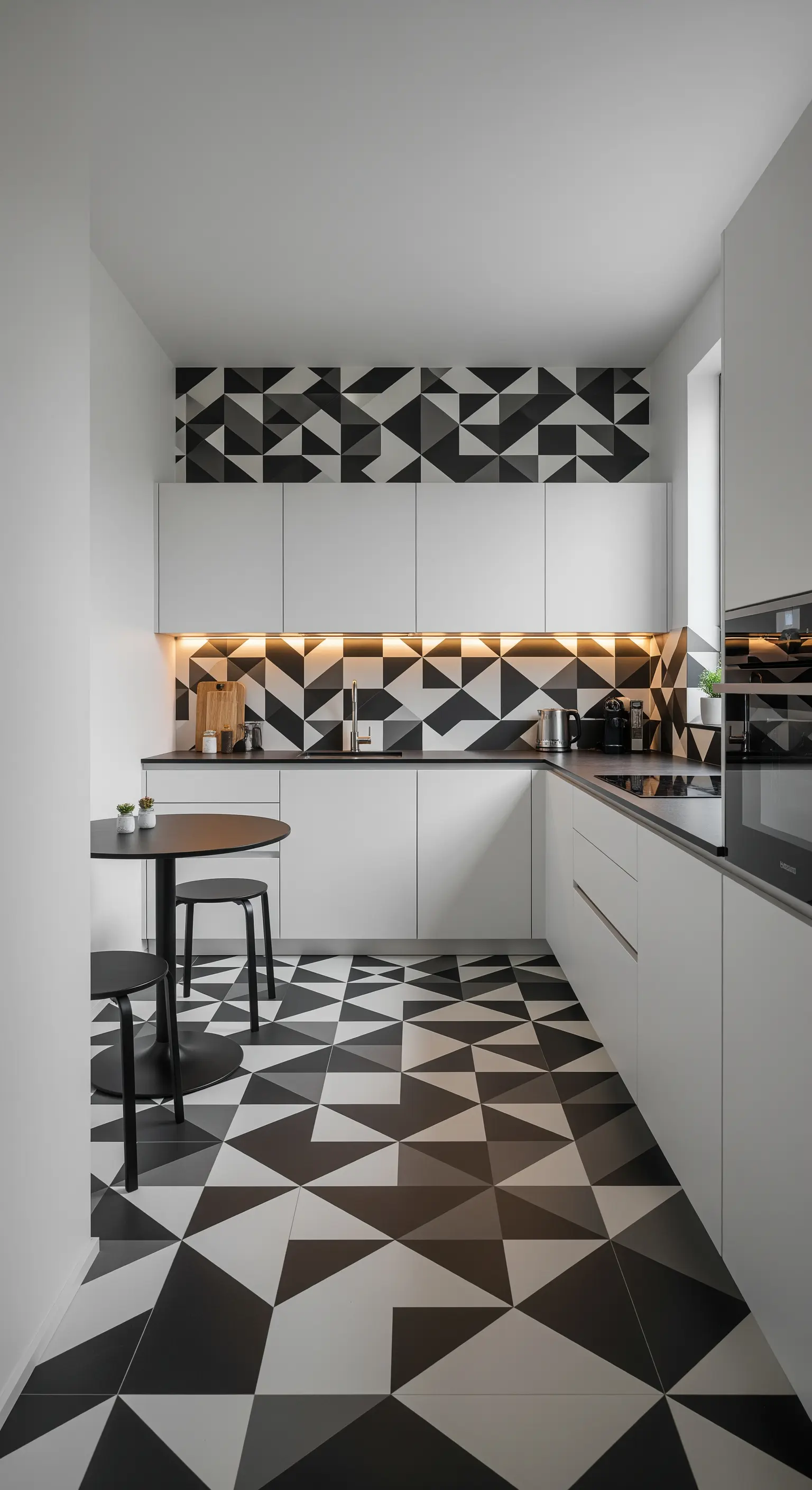 Cucina con pavimento e paraschizzi rivestiti con le stesse piastrelle a triangoli.