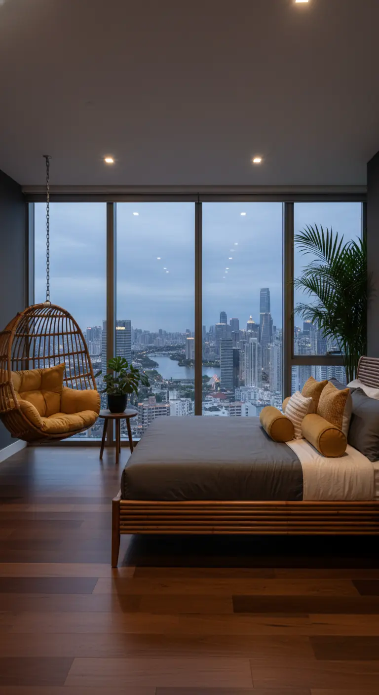 Camera moderna con poltrona sospesa in rattan e vista panoramica sulla città.
