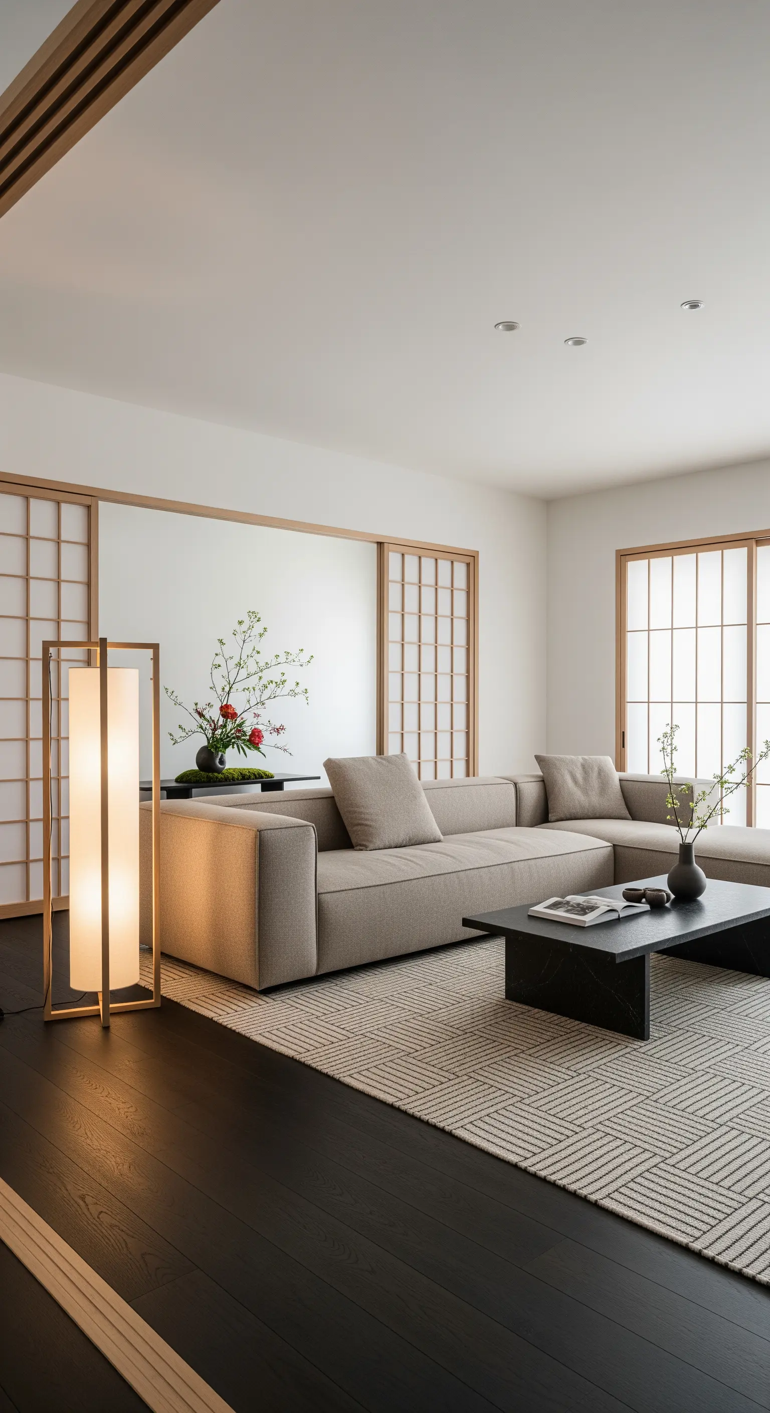Salotto minimalista con divano beige, pavimento scuro, tappeto chiaro e lampada stile giapponese.