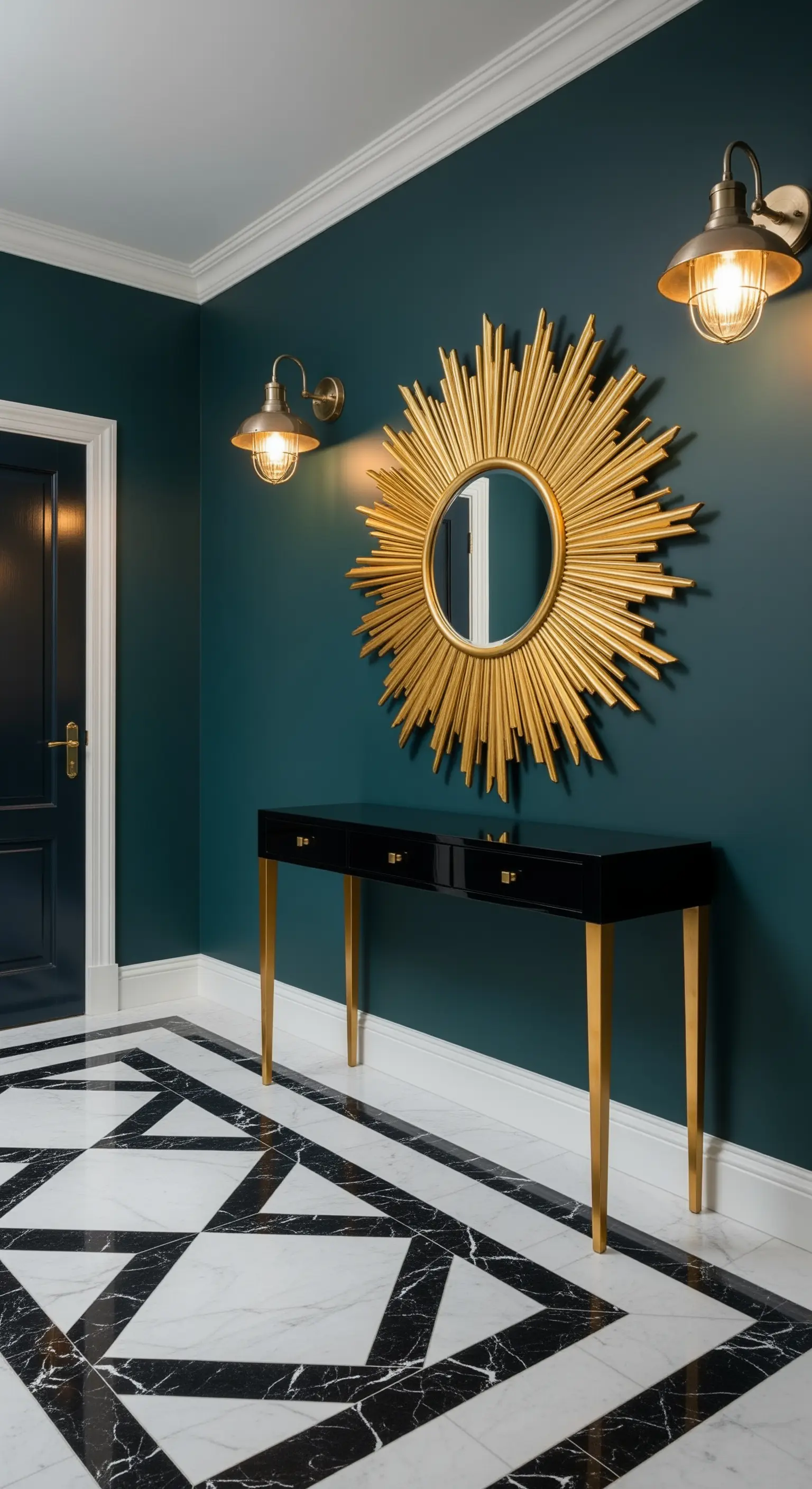 Ingresso con pareti color petrolio, specchio a raggiera dorato e pavimento in marmo geometrico.