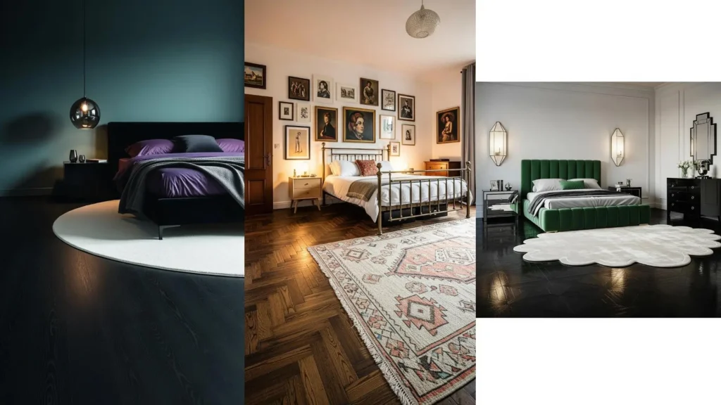 Tre esempi di camere da letto con elegante contrasto tra il parquet scuro e un tappeto dai colori chiari.