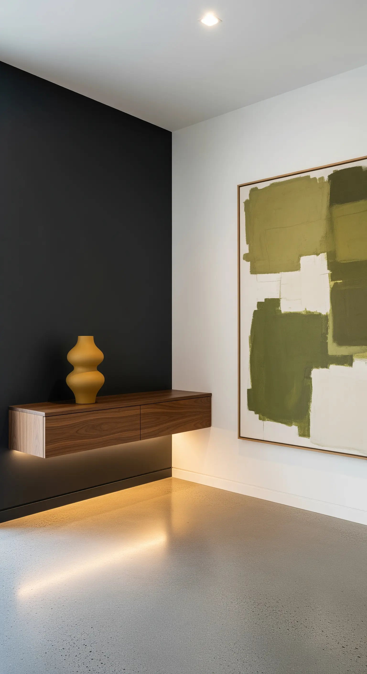 Consolle sospesa in legno con luce LED su una parete scura, accanto a un quadro astratto verde.