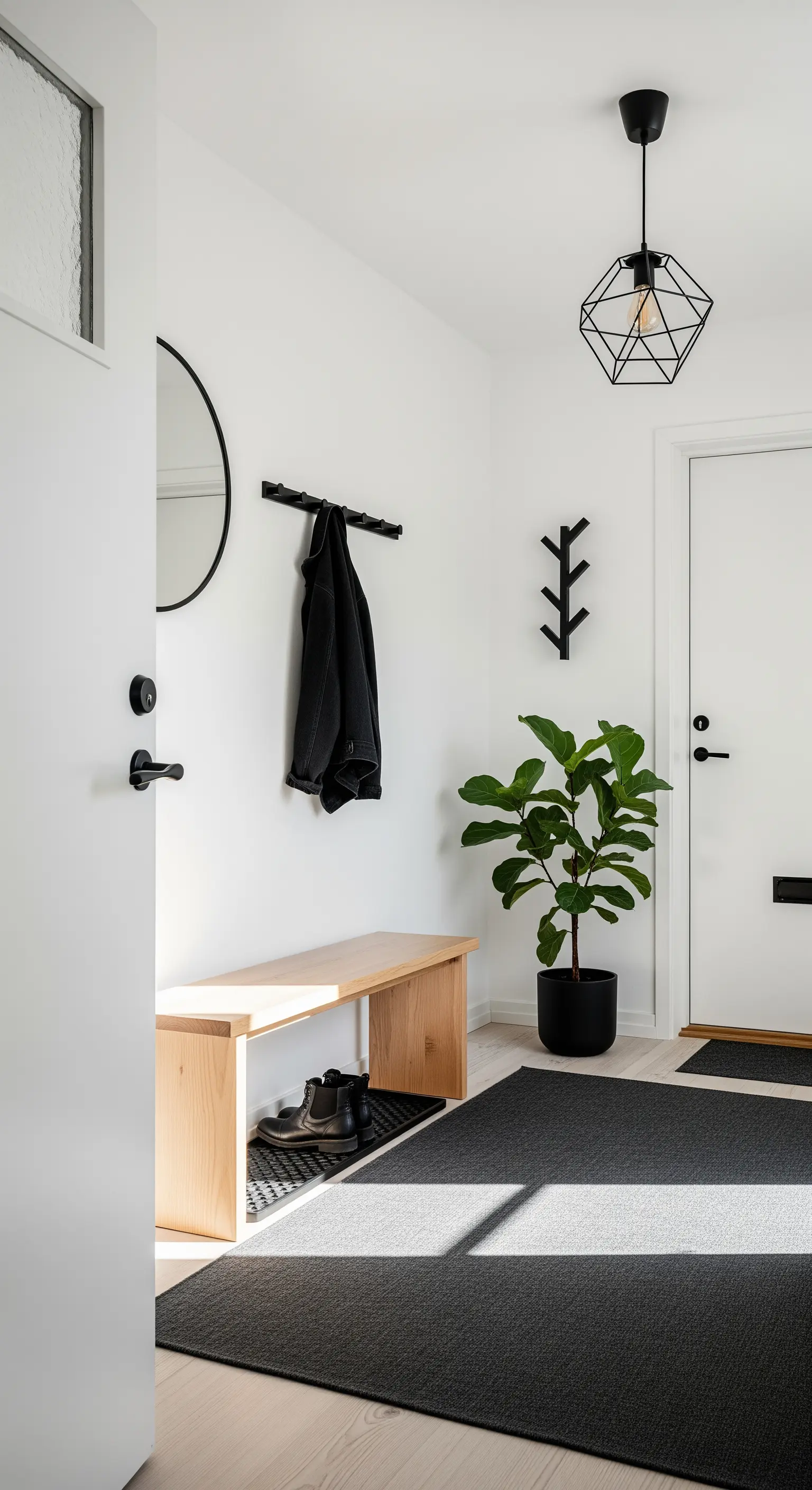 Foyer scandinavo con panca in legno, dettagli neri a contrasto e pianta in vaso nero.