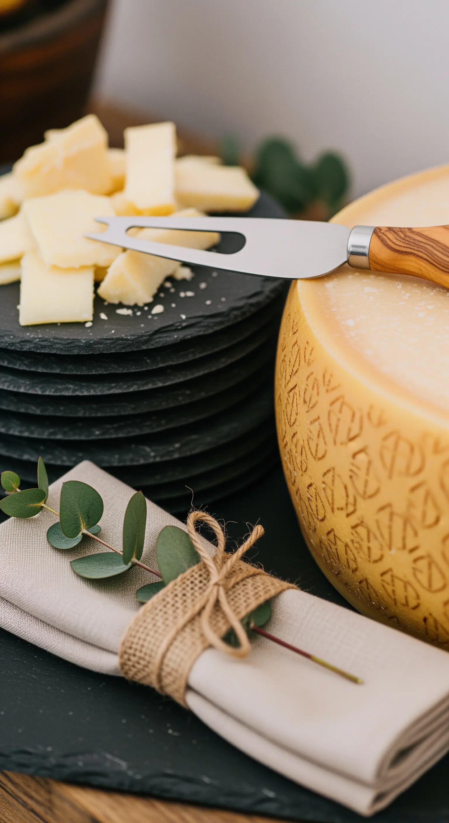 Forma di parmigiano, piatti in ardesia e tovagliolo di lino con eucalipto.