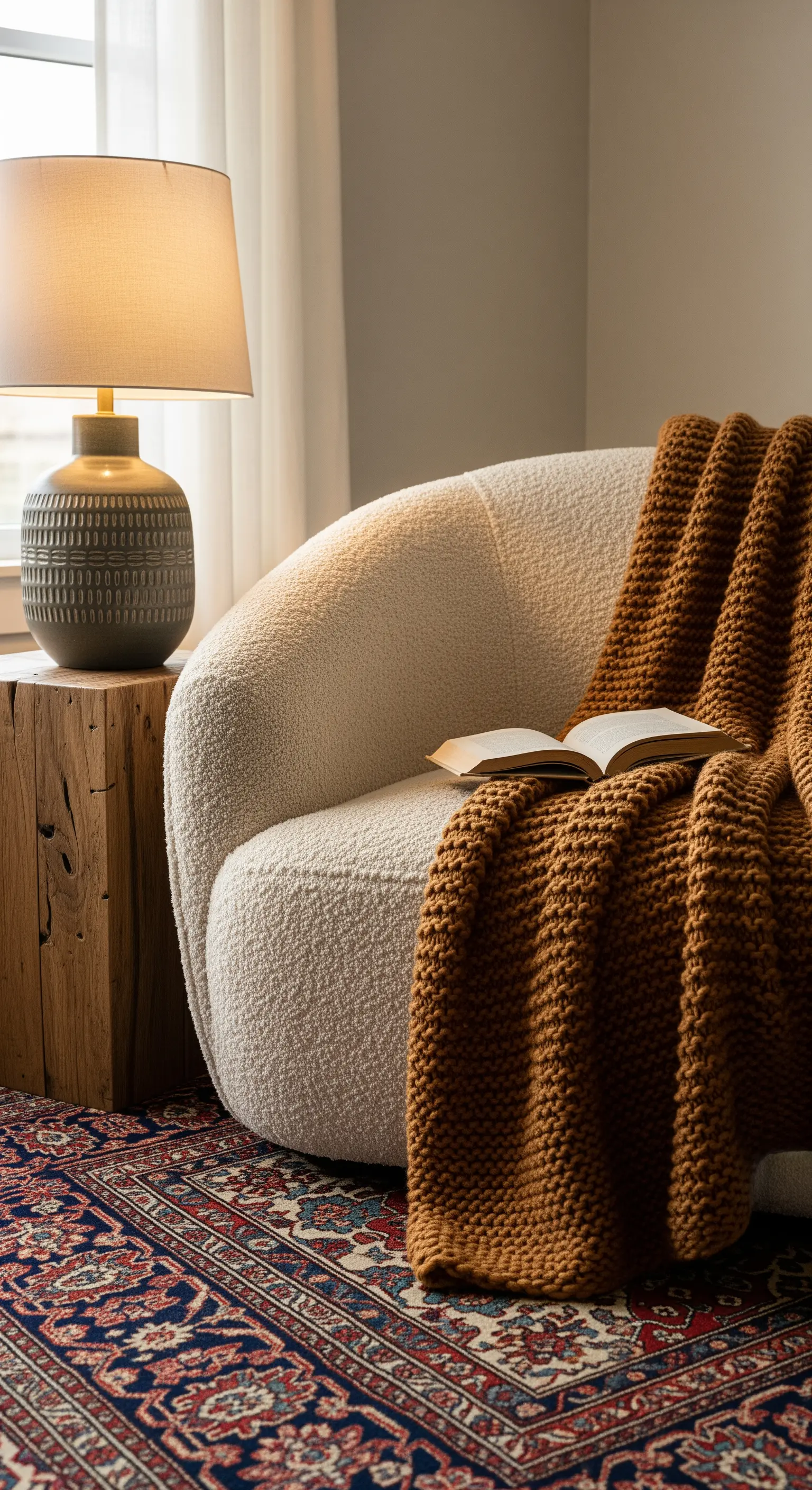 Poltrona moderna in tessuto bouclé bianco con una coperta color ocra, su un tappeto persiano.