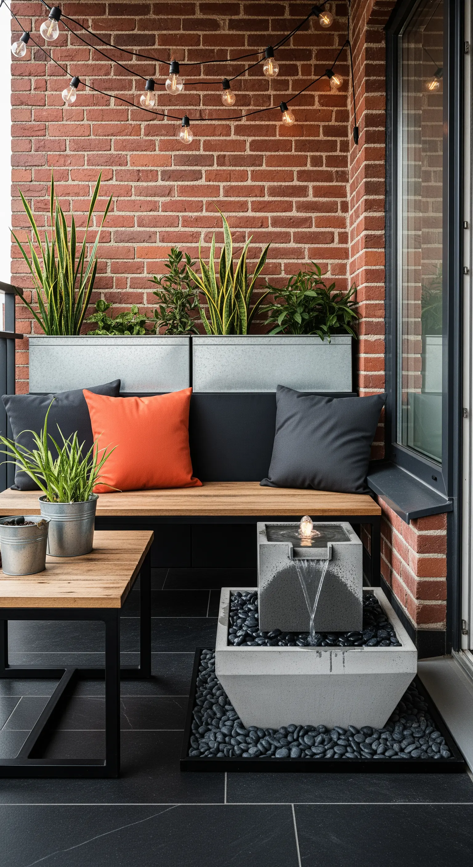 Balcone industrial-chic con parete in mattoni, fioriere in metallo e fontana in cemento.