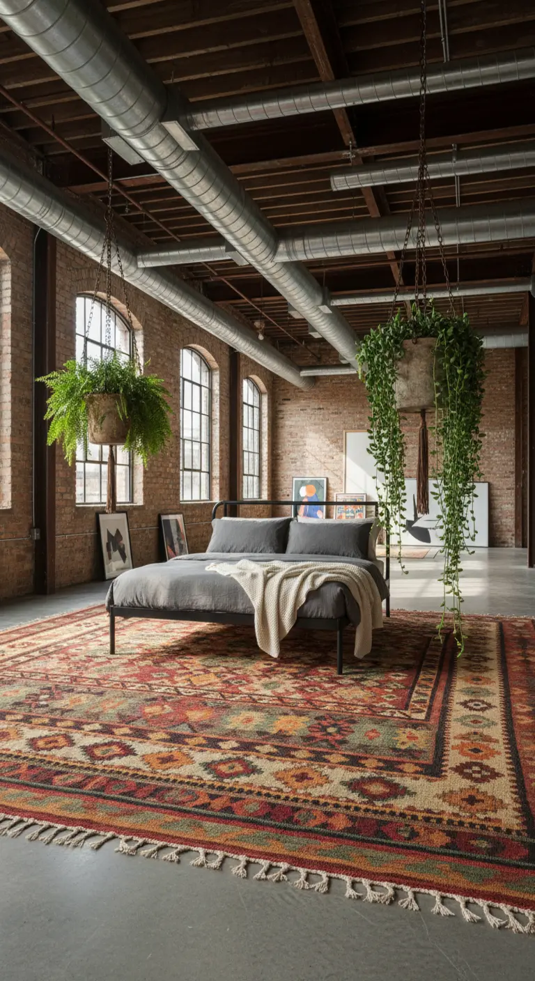 Loft industriale con letto in metallo e un grande tappeto etnico dai colori caldi.