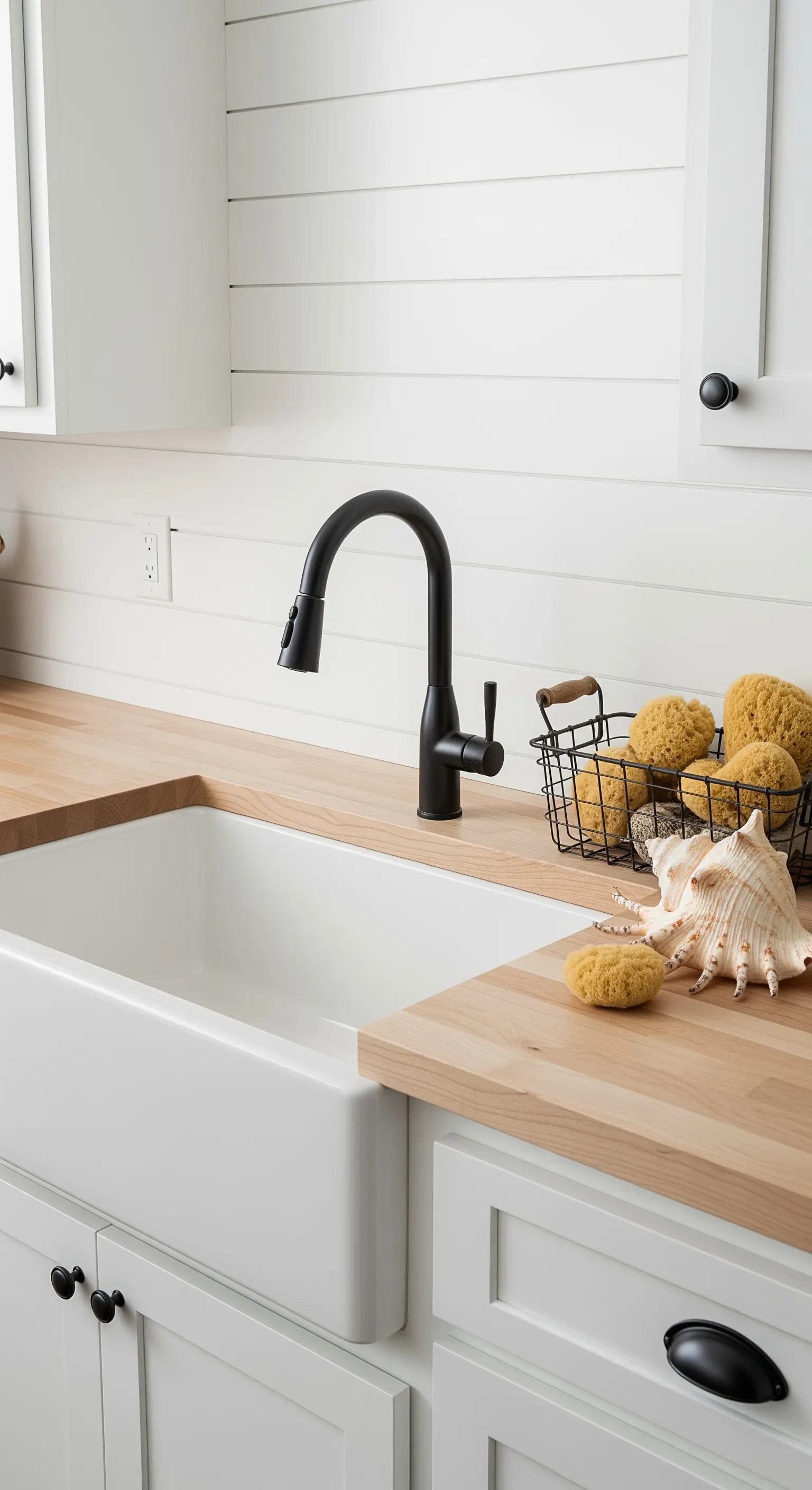 Lavello da incasso bianco con top in legno e rubinetto nero opaco.