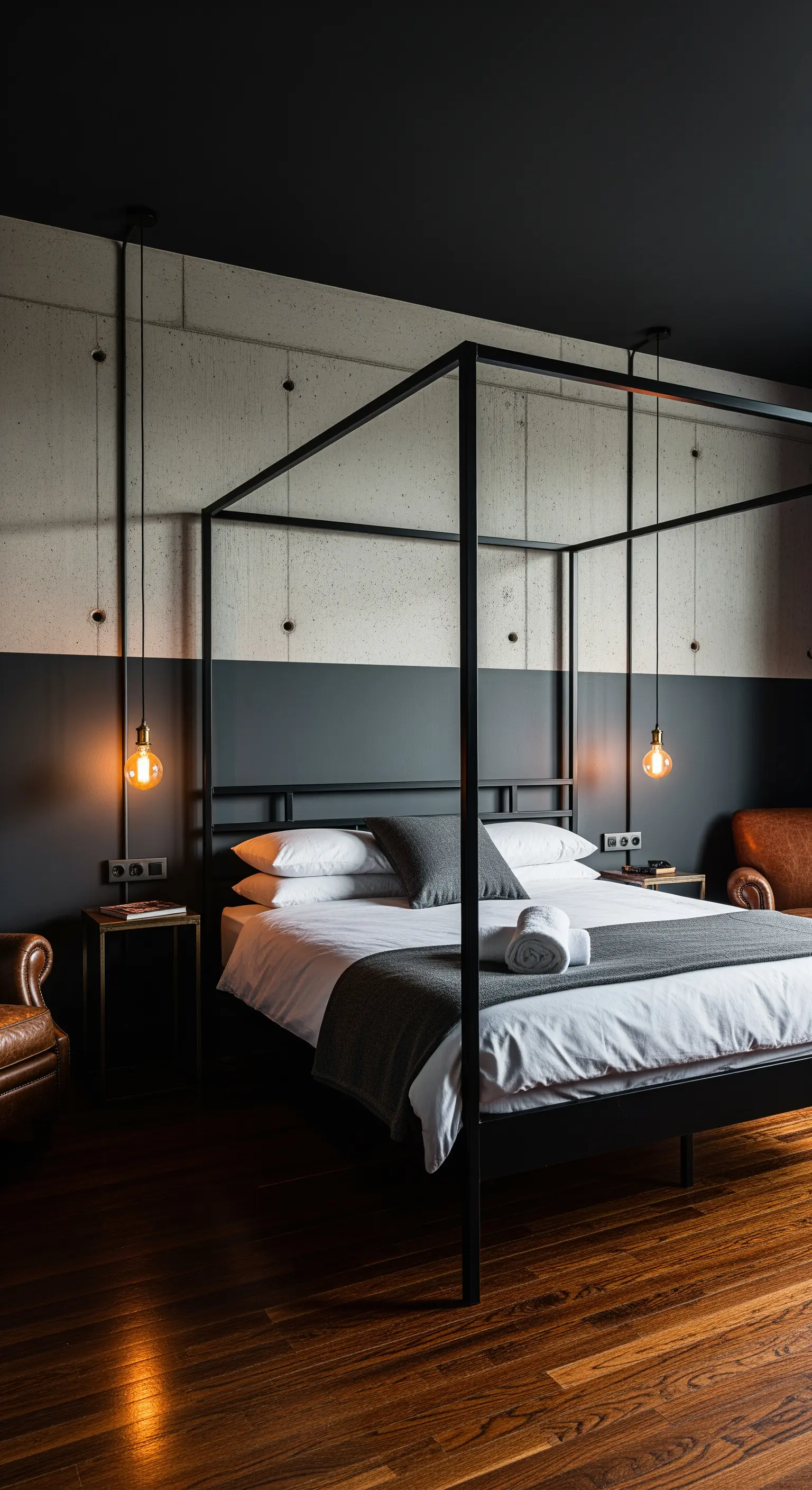 Camera da letto industrial chic con parete in cemento e una fascia inferiore nera opaca.