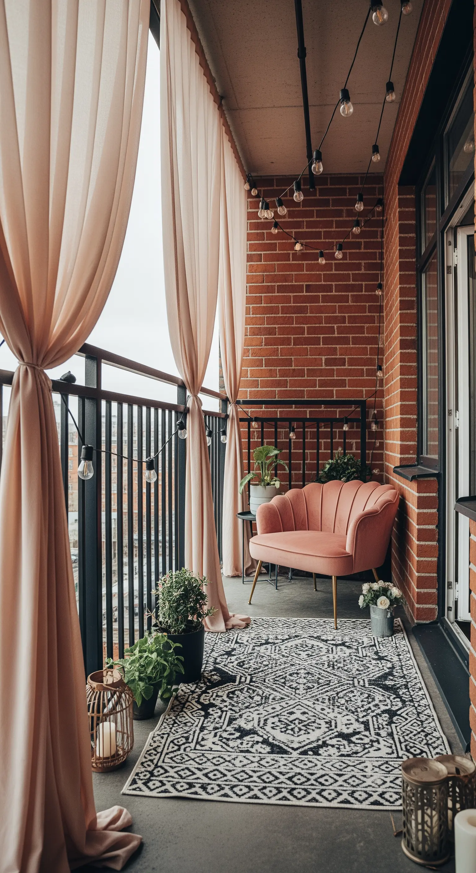 Balcone con parete in mattoni, poltrona in velluto rosa, tappeto grafico e tende color cipria.
