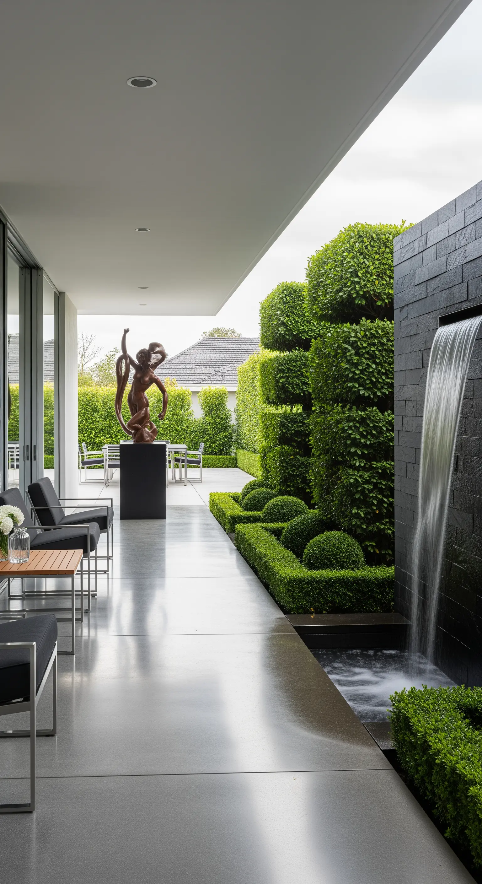 Veranda contemporanea con scultura moderna in bronzo, cascata a parete in ardesia e siepi scolpite.