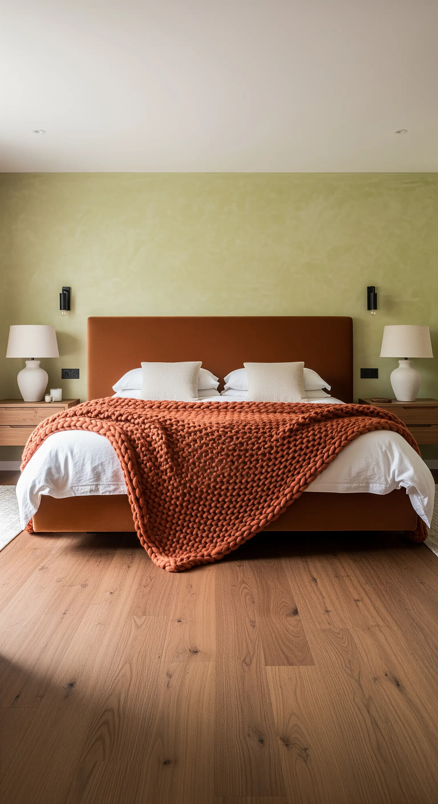 Letto con testiera imbottita color terracotta e parete verde salvia.