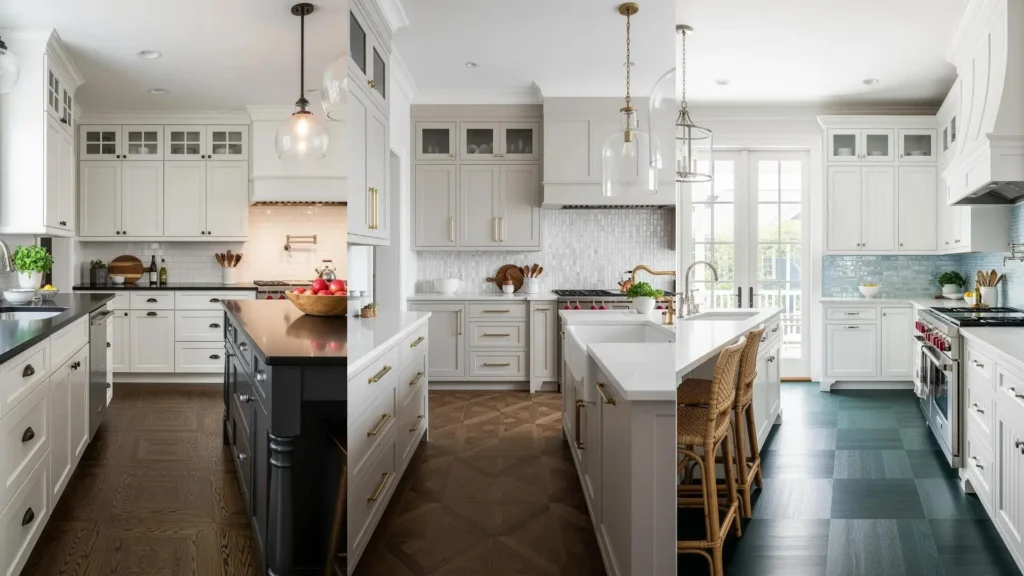 Tre cucine con parquet scuro e mobili chiari, per un elegante contrasto che riflette un design raffinato.