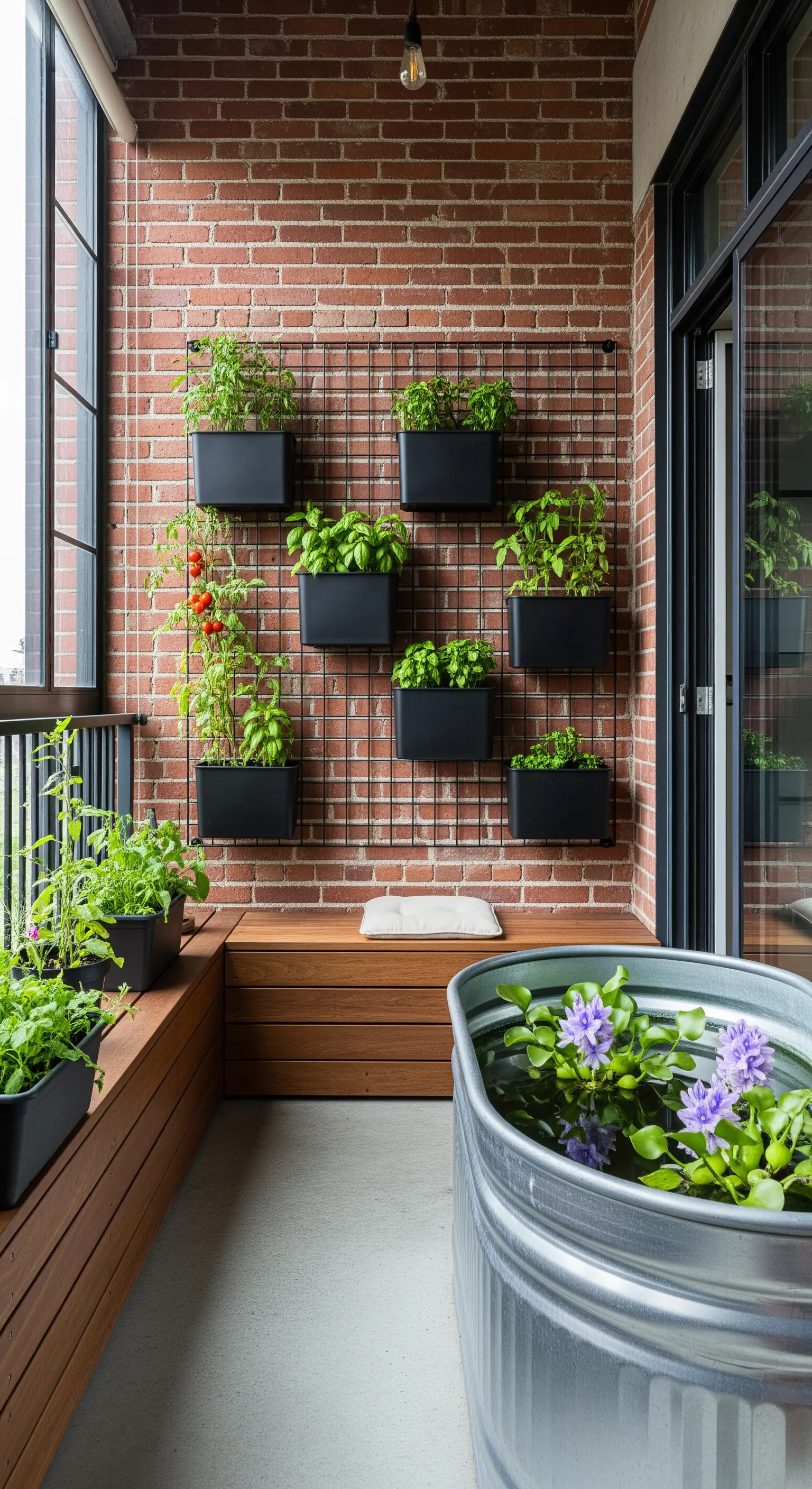 Balcone industrial con parete in mattoni, fioriere nere su griglia metallica e vasca in zinco.